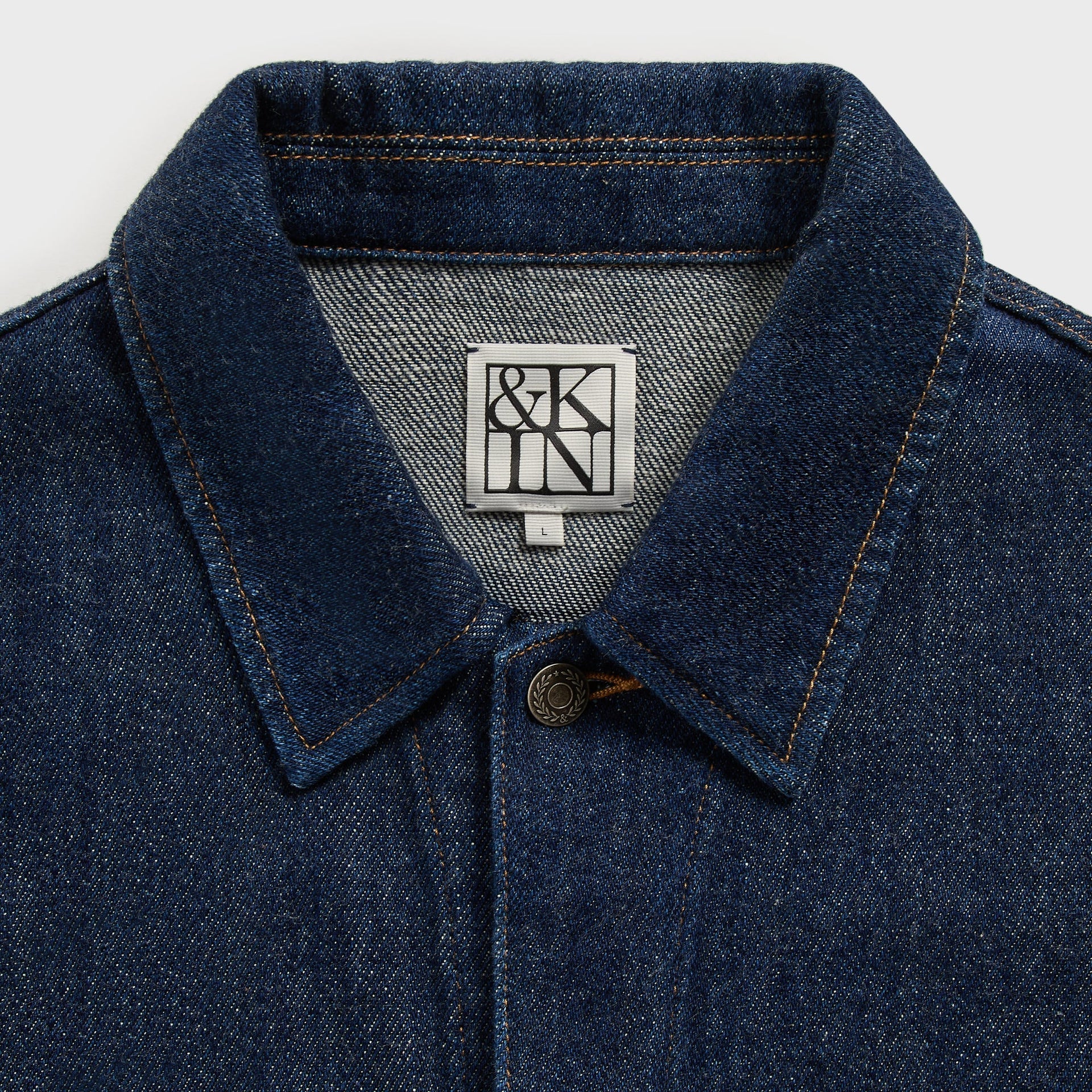 &Kin Rope Twill Alonzo Jacket collar detail, &Kin woven neck label and engraved top button