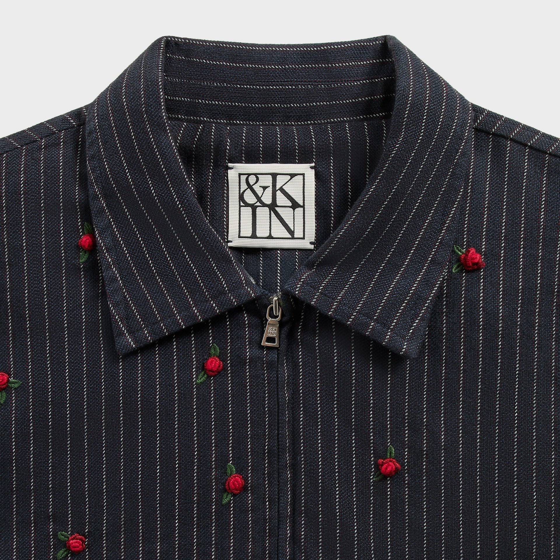 &Kin Embellished Alistair Jacket collar detail, &Kin label, silver zip on rosebud pinstripe