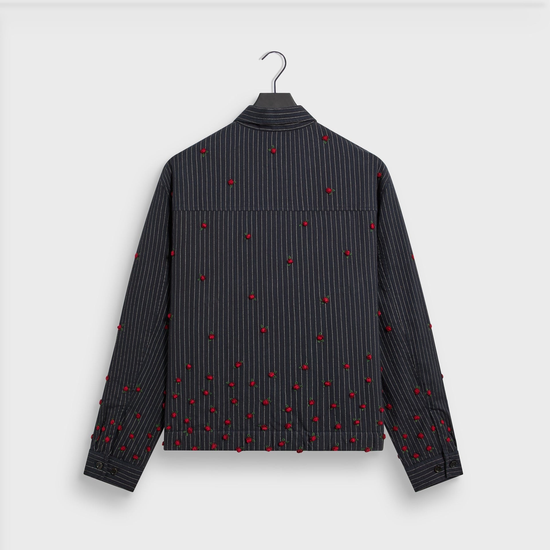 &Kin Embellished Alistair Jacket in Nocturnal, back view on hanger, navy pinstripe with red rose embroidery