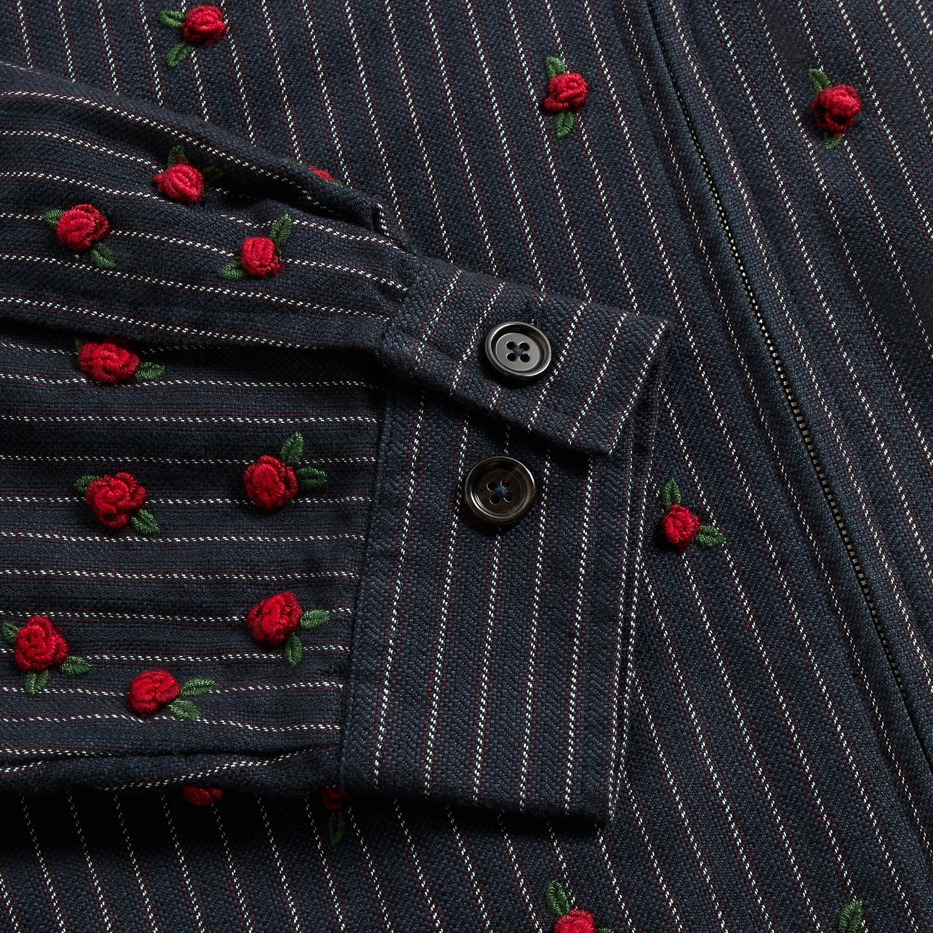 &Kin Embellished Alistair Jacket cuff detail, buttoned cuff with red rose embroidery on navy pinstripe