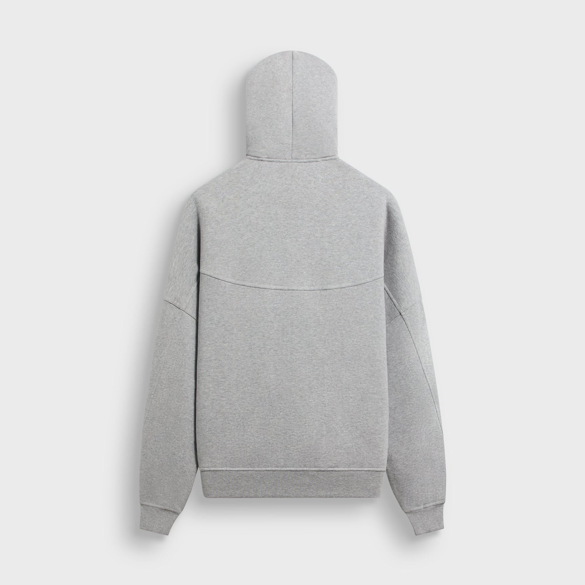 &Kin Plush Fleece Hiroshi Zip Front Hoodie in Heather Grey, back view on hanger showing hood and seamed back