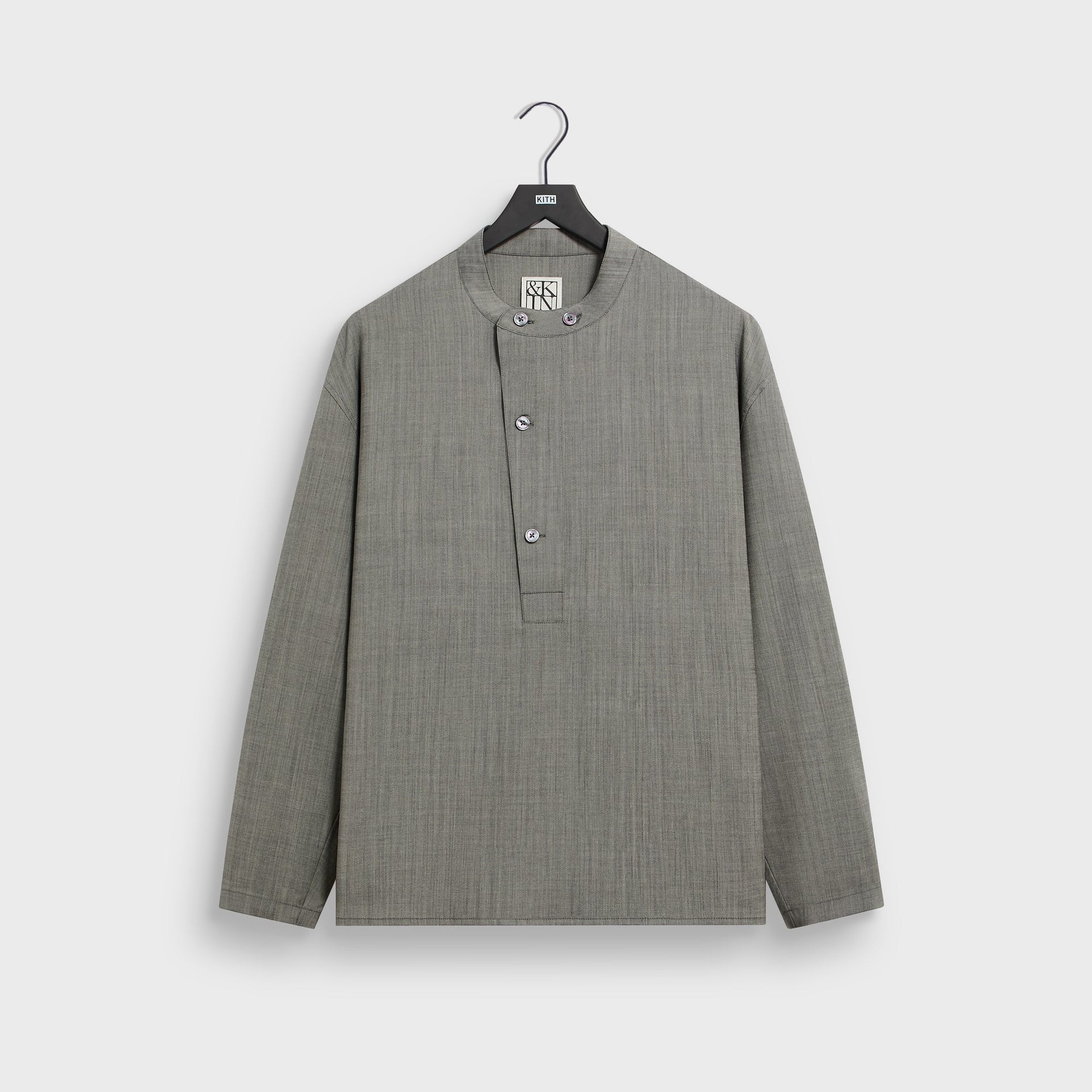 &Kin Tropical Wool Leven Shirt in Grey Melange, front view on hanger, band collar popover with half placket