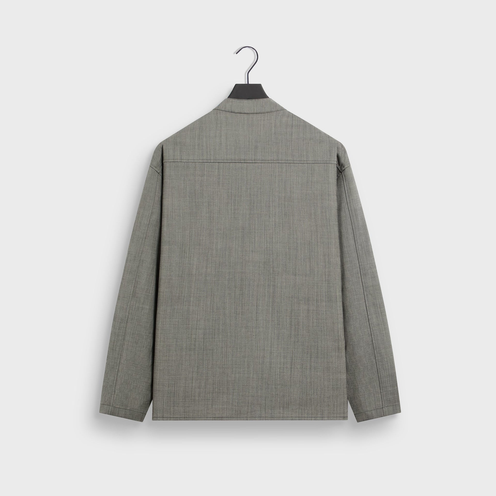 &Kin Tropical Wool Leven Shirt in Grey Melange, back view on hanger with band collar and yoke seam