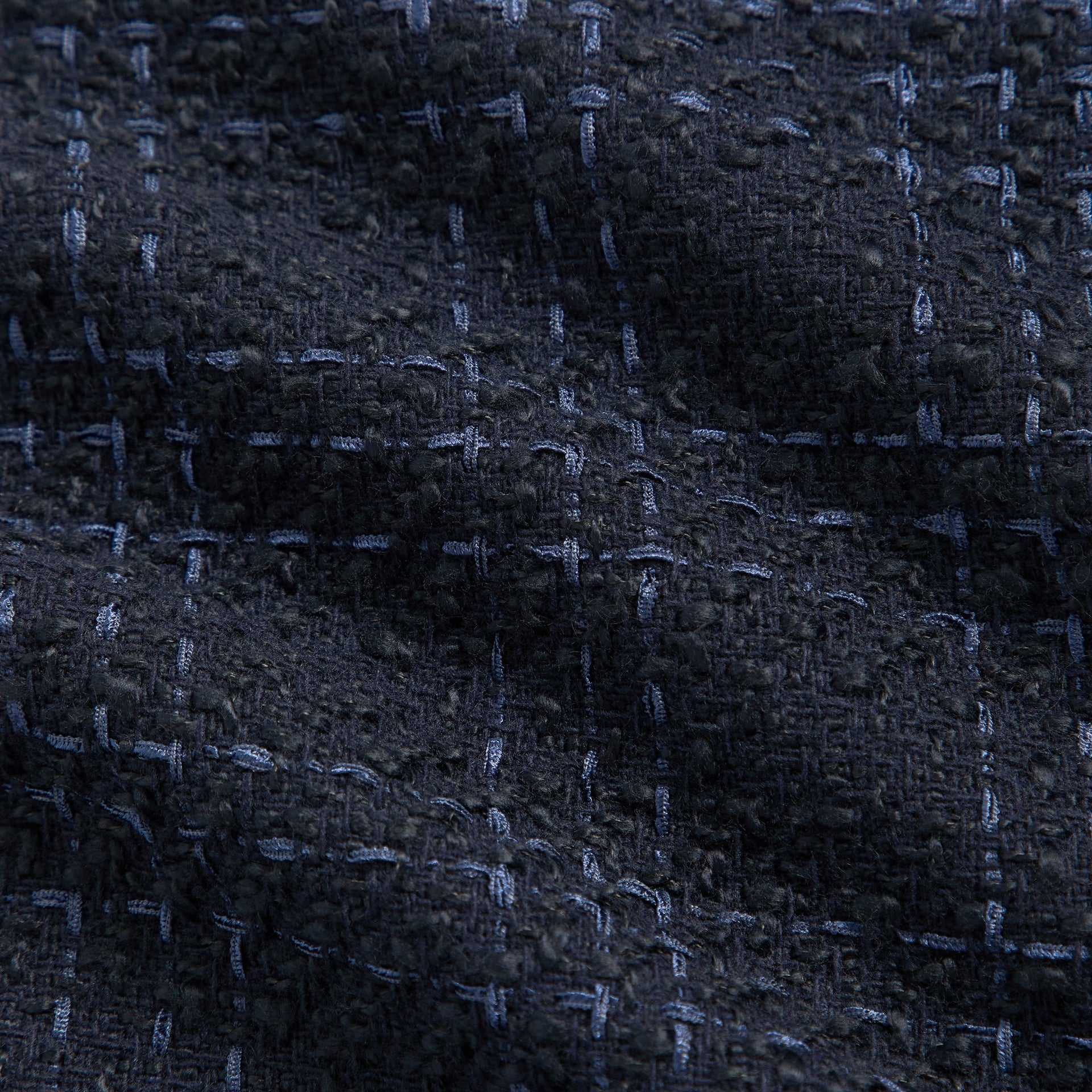 &Kin Tweed Boxy Collared Overshirt fabric close-up, navy boucle tweed with blue windowpane check