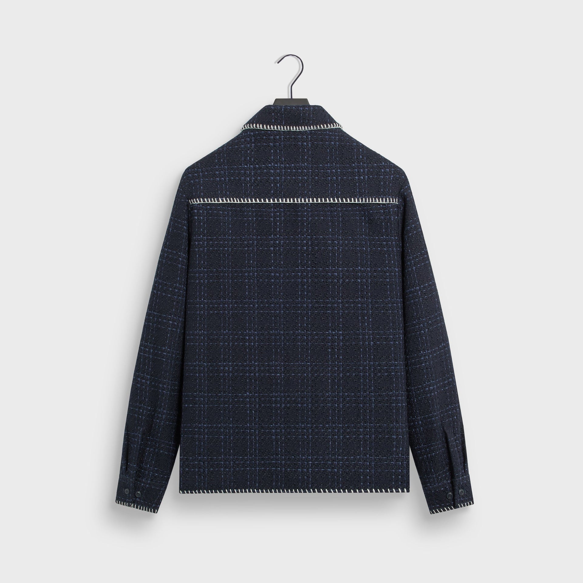 &Kin Tweed Boxy Collared Overshirt in Nocturnal navy, back view on hanger showing checked tweed and white stitching