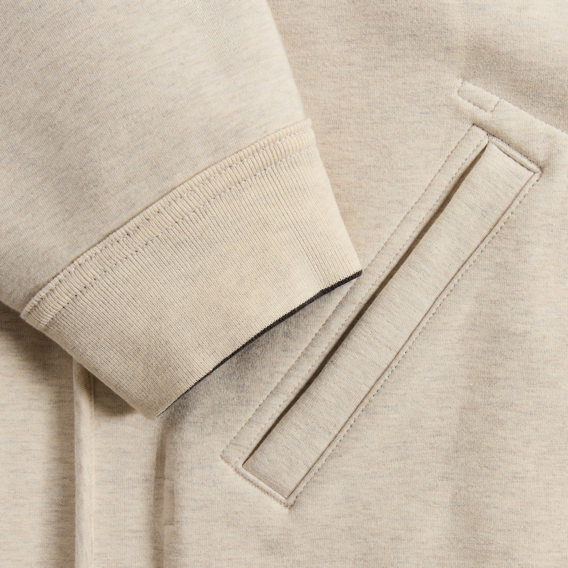 &Kin Williams V hoodie cream side detail, ribbed cuff and welt hand pocket