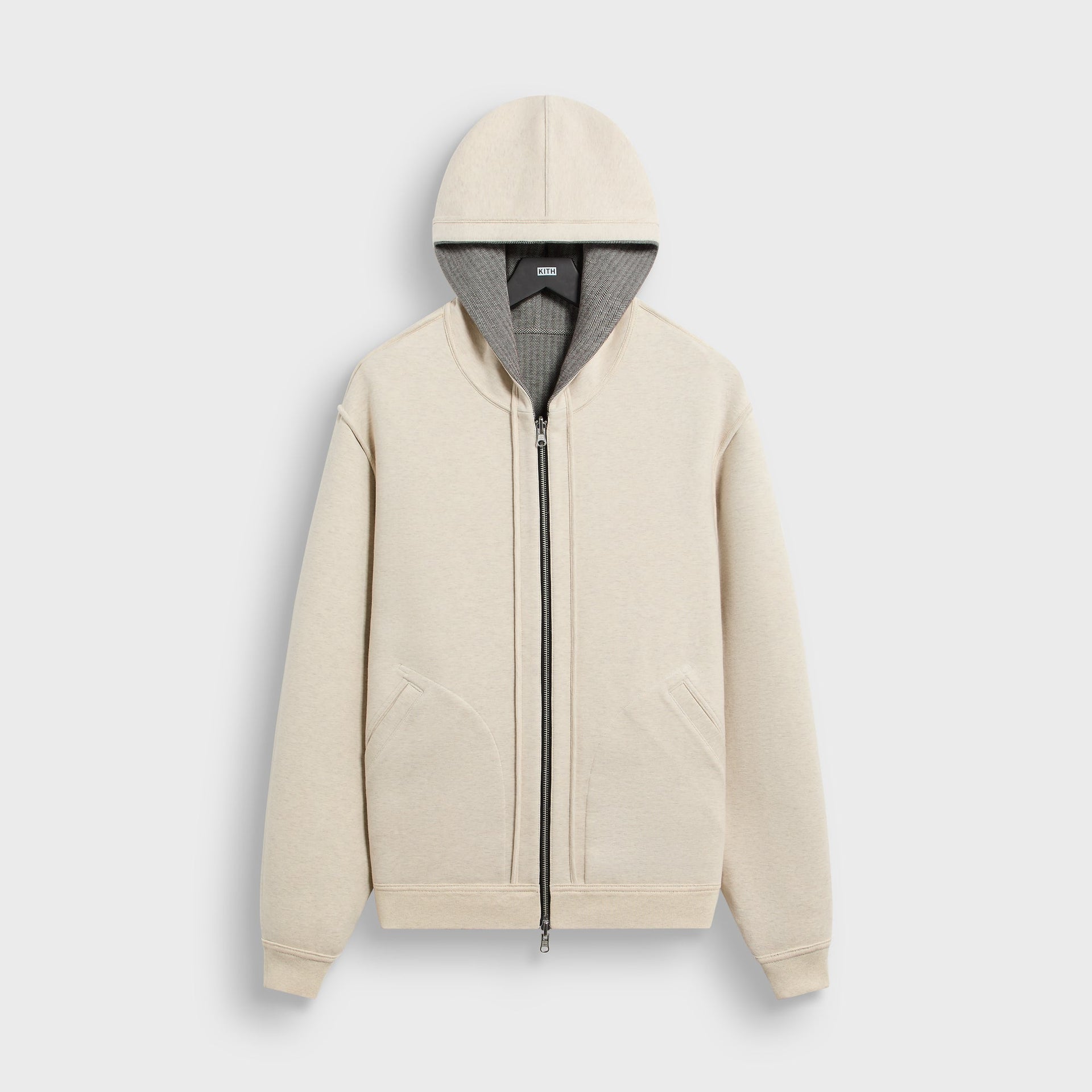 &Kin Williams V reversible hoodie flipped to cream fleece side, front view with hood and zip