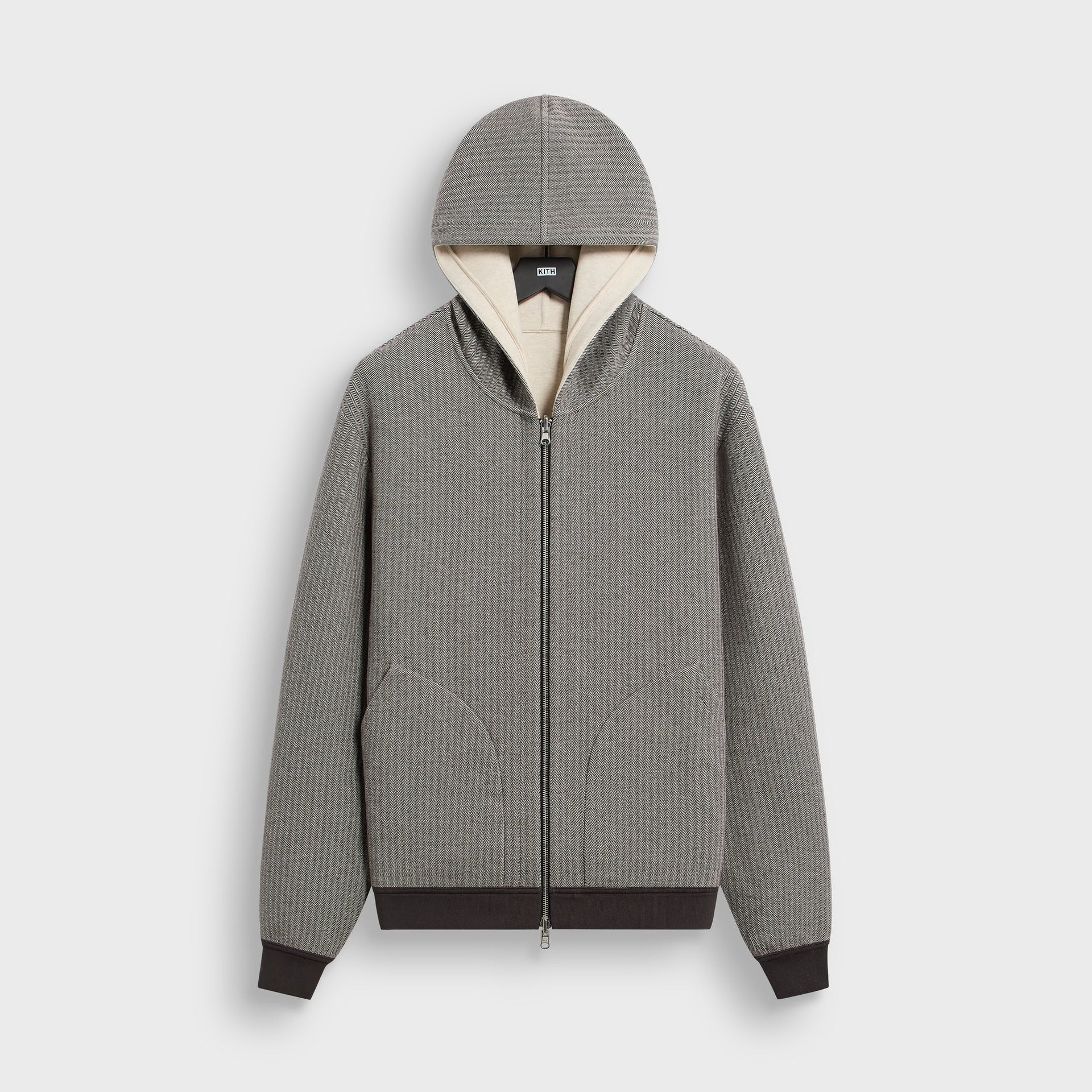 &Kin Williams V reversible zip hoodie, Kindling grey herringbone side, front view with hood and full zip