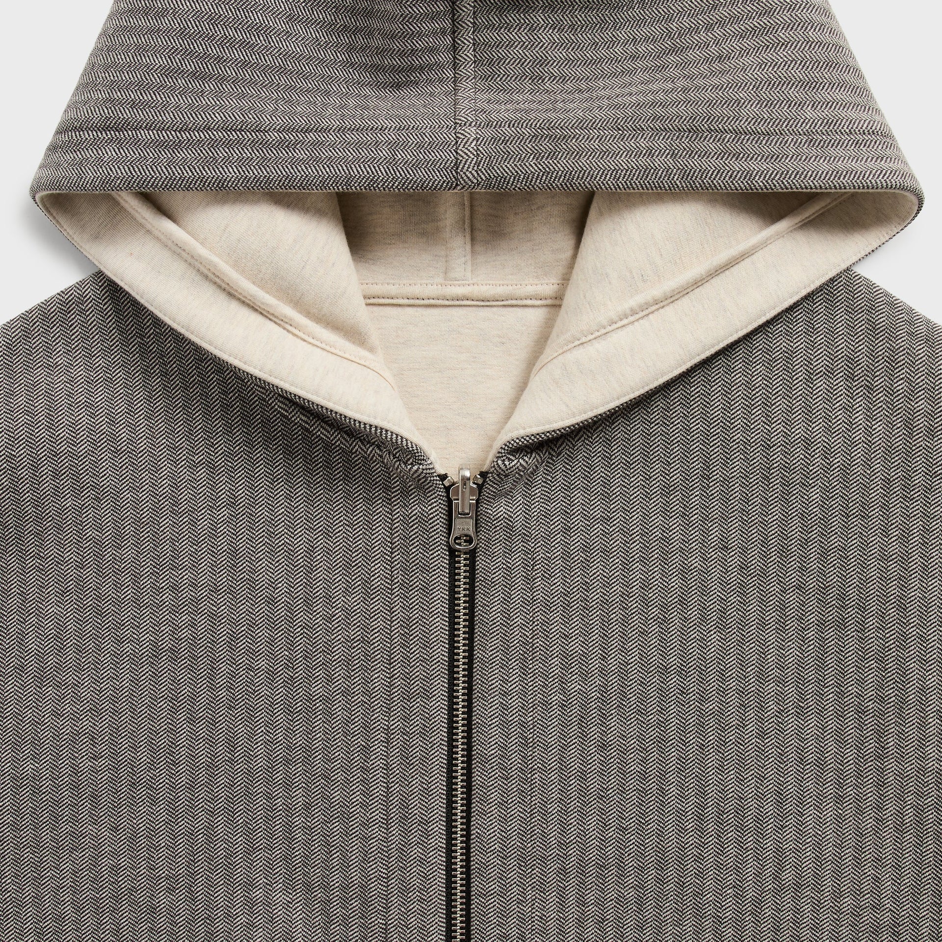 &Kin Williams V hoodie detail: herringbone hood and collar with cream lining and YKK zipper