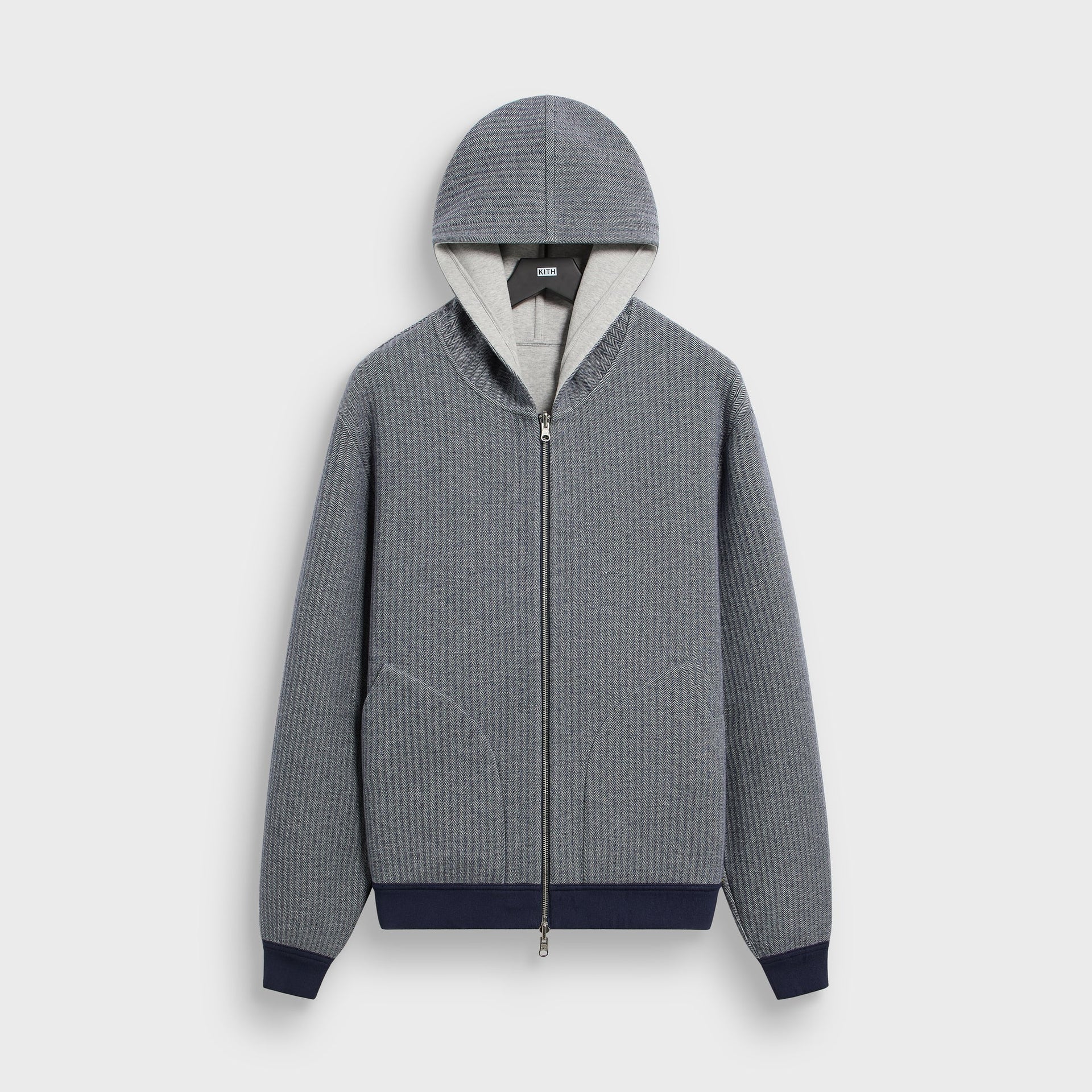 &Kin Williams V reversible zip hoodie, Nocturnal navy herringbone side, front view with hood and zip