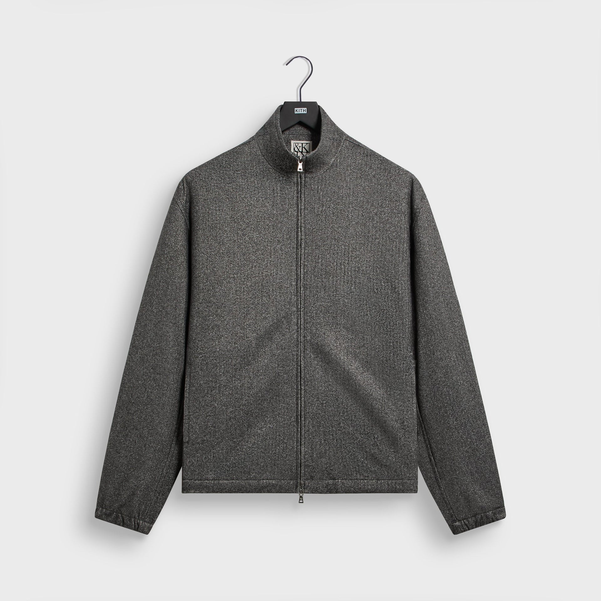&Kin Flannel Jersey Stephen Track Jacket in Charcoal Heather, front view on hanger, stand collar full-zip