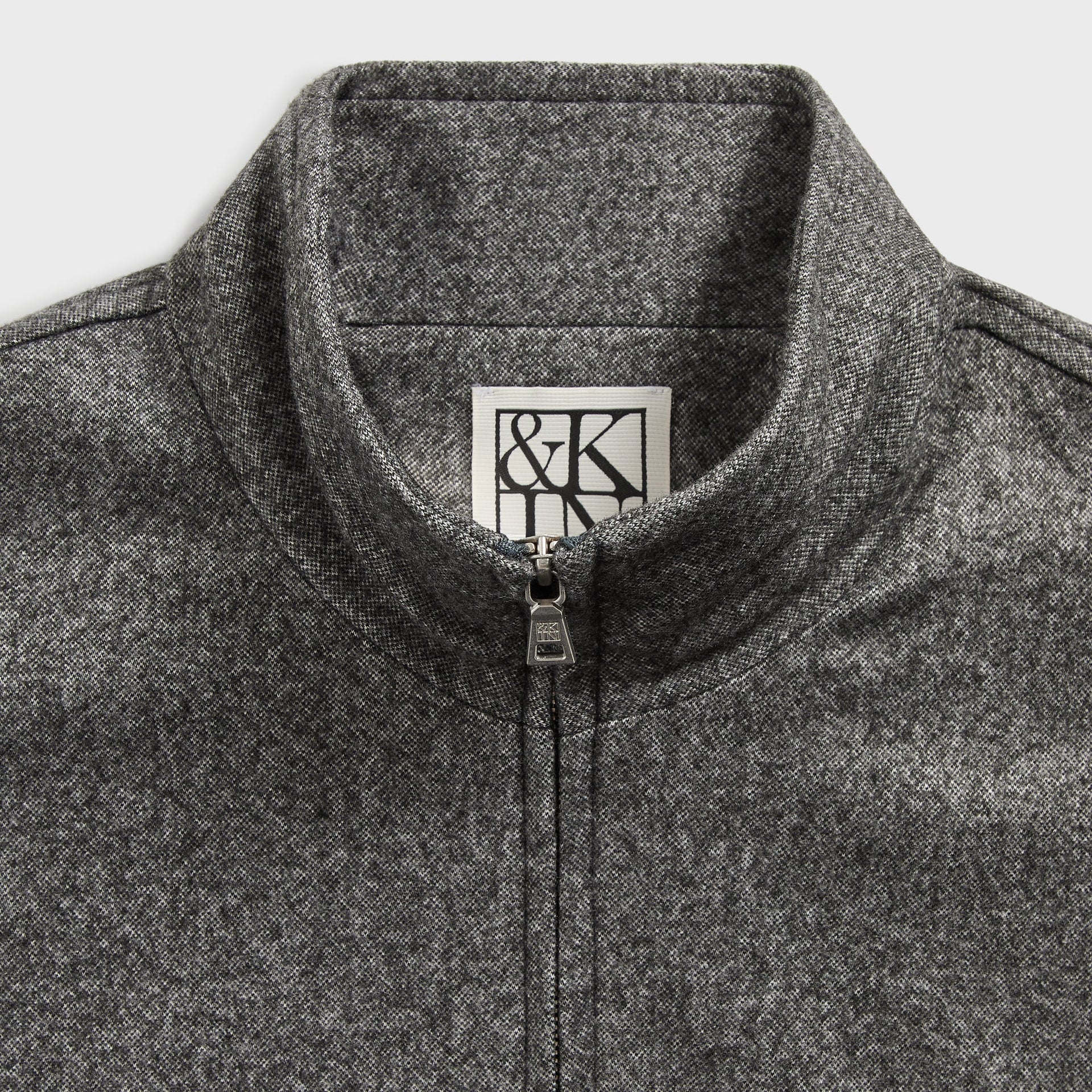 &Kin Flannel Jersey Stephen Track Jacket collar detail, &Kin woven label and stand collar zip