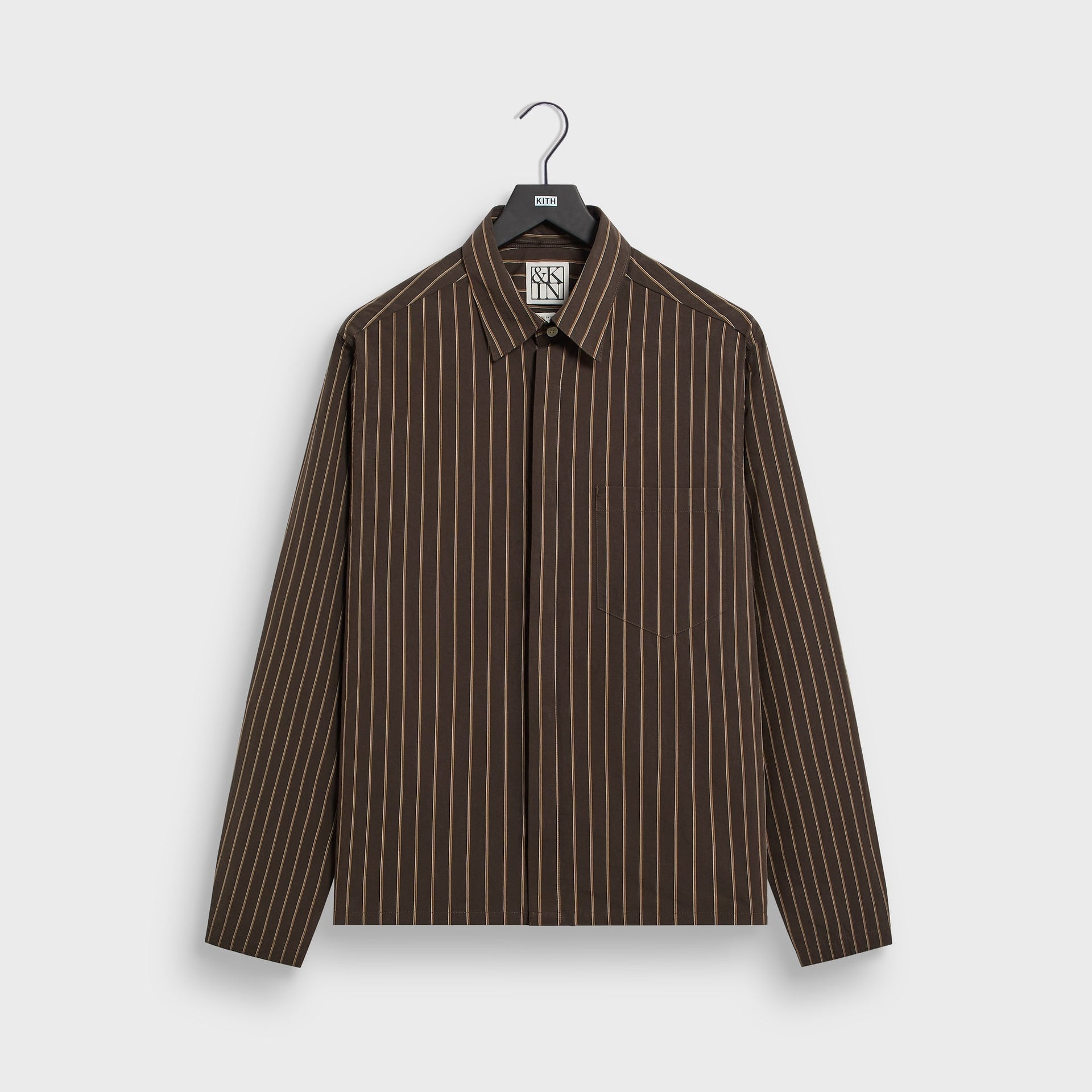 &Kin Nico shirt in Derby brown poplin with tan pinstripe, front view, spread collar and chest pocket