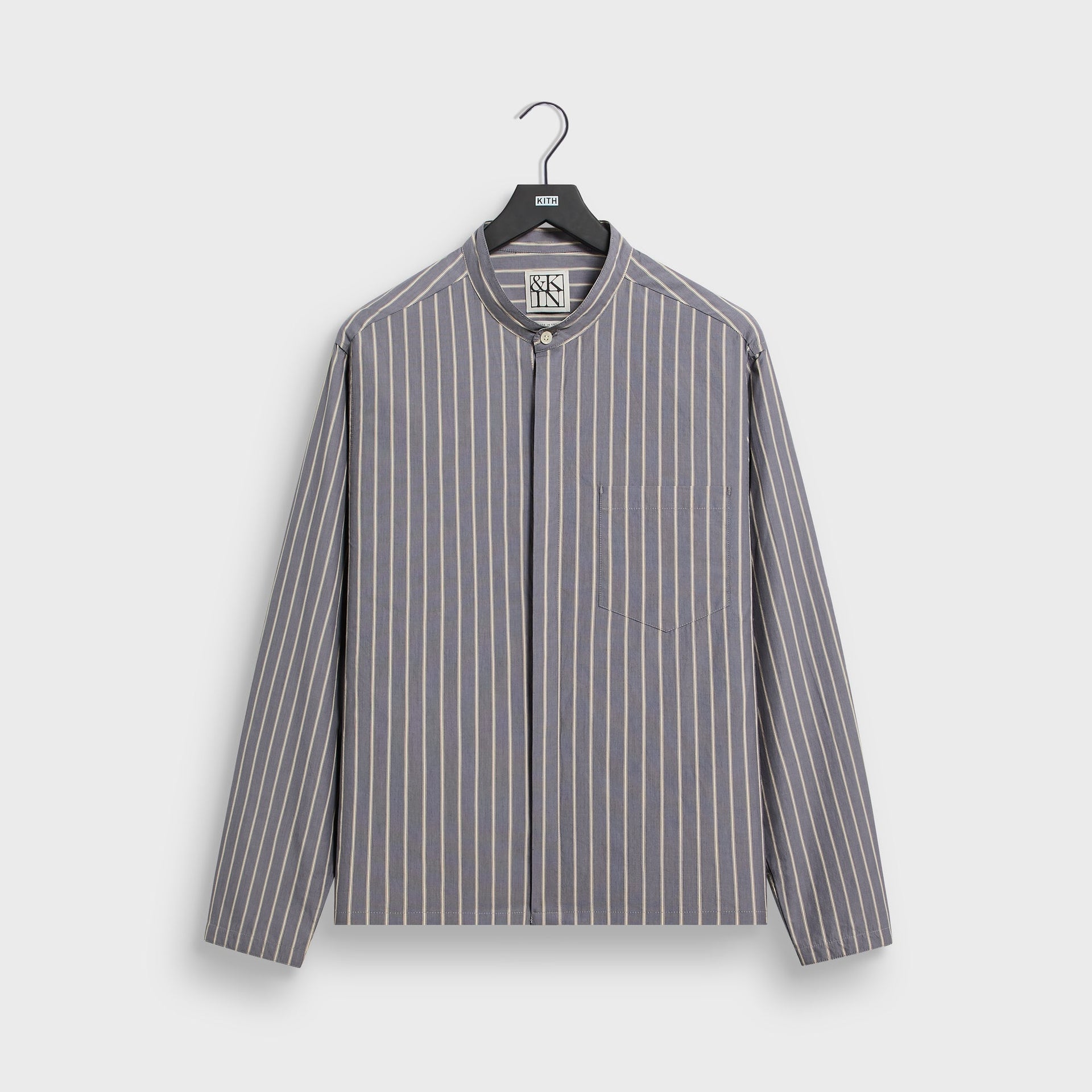 &Kin Nico Shirt in Chasm grey, front on hanger with collar styled upright over chest pocket and pinstripes