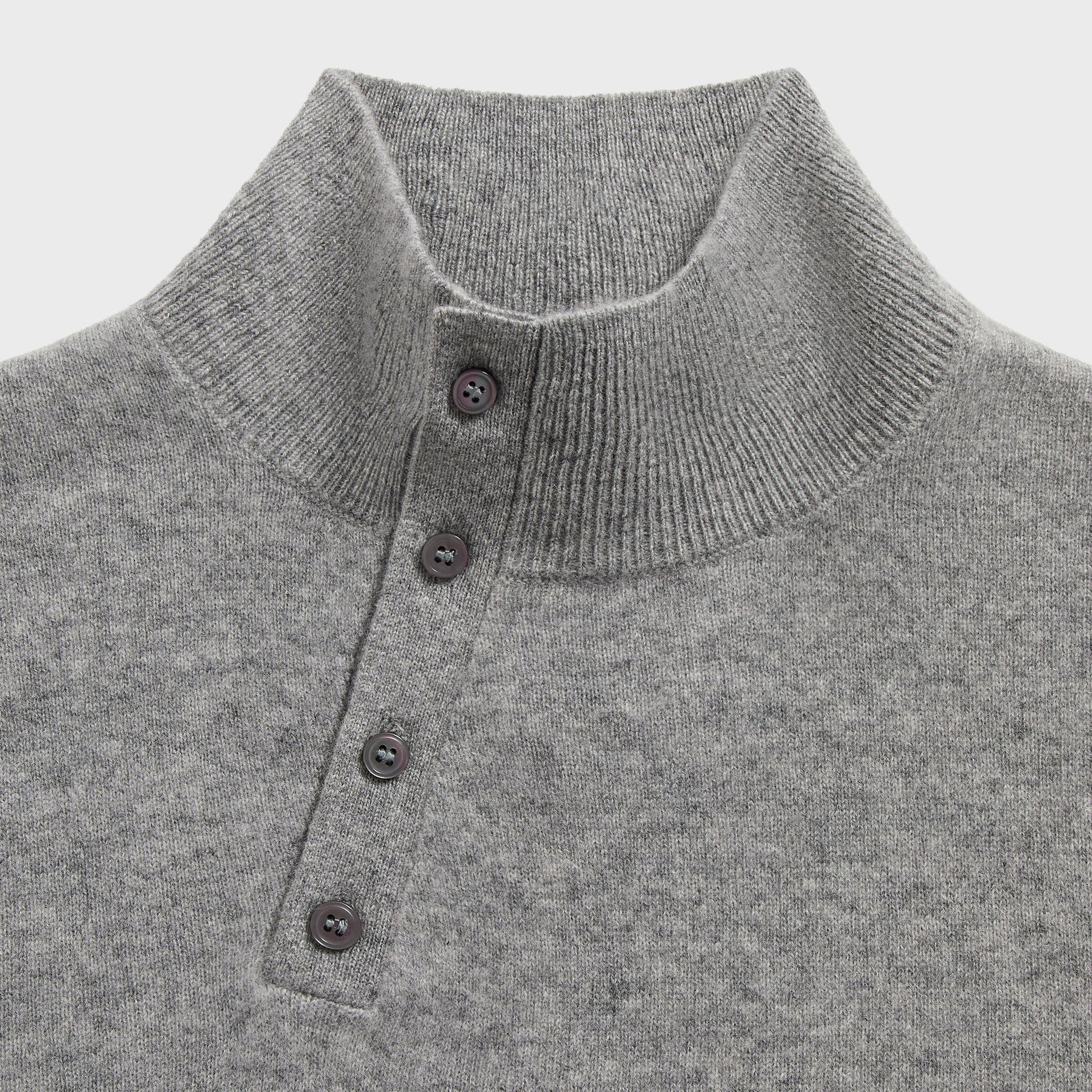 &Kin Cyrus sweater neck detail, ribbed grey mock neck with four dark buttons
