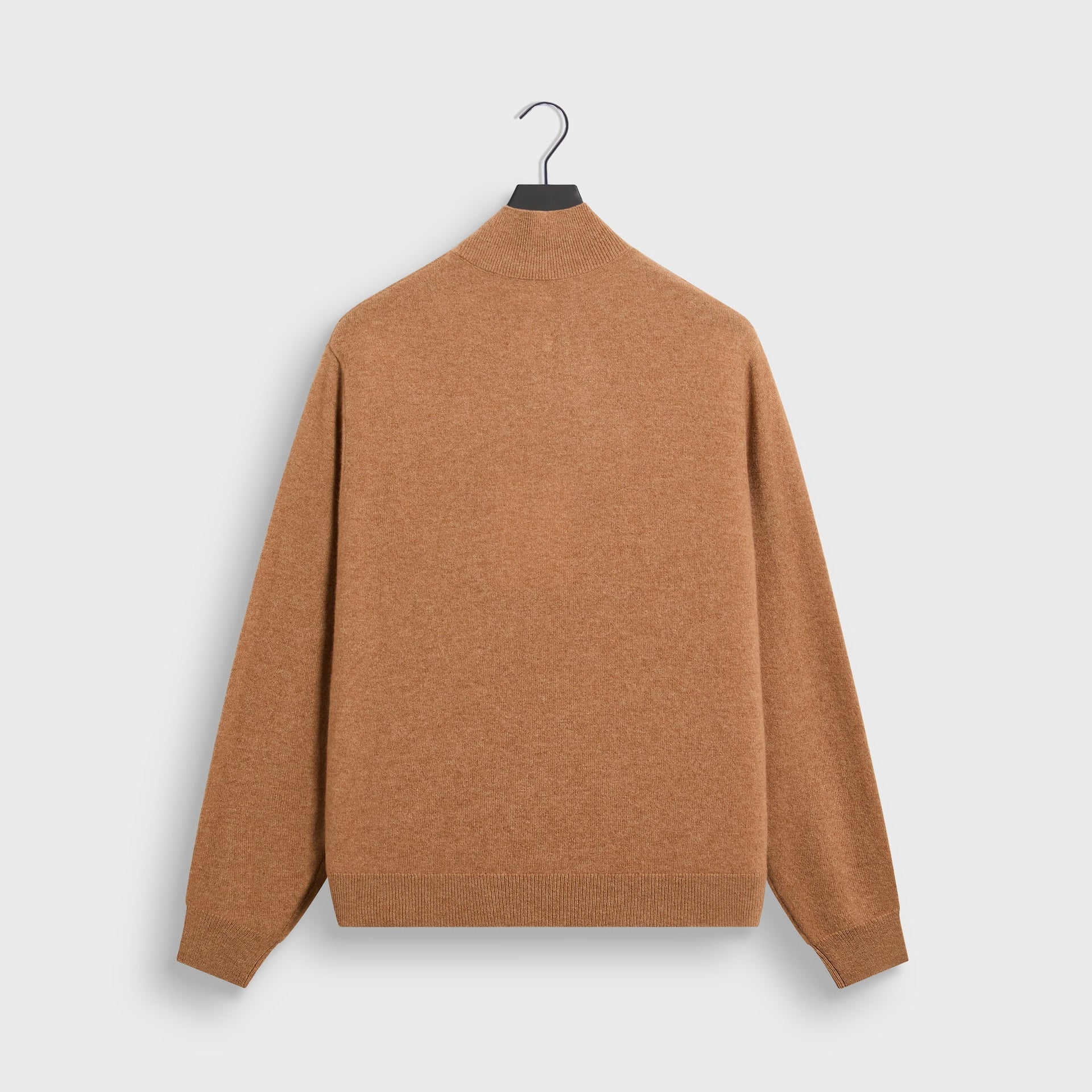 &Kin Cyrus Turtleneck in Sand Dune tan cashmere, back view on hanger with ribbed mock collar and hem