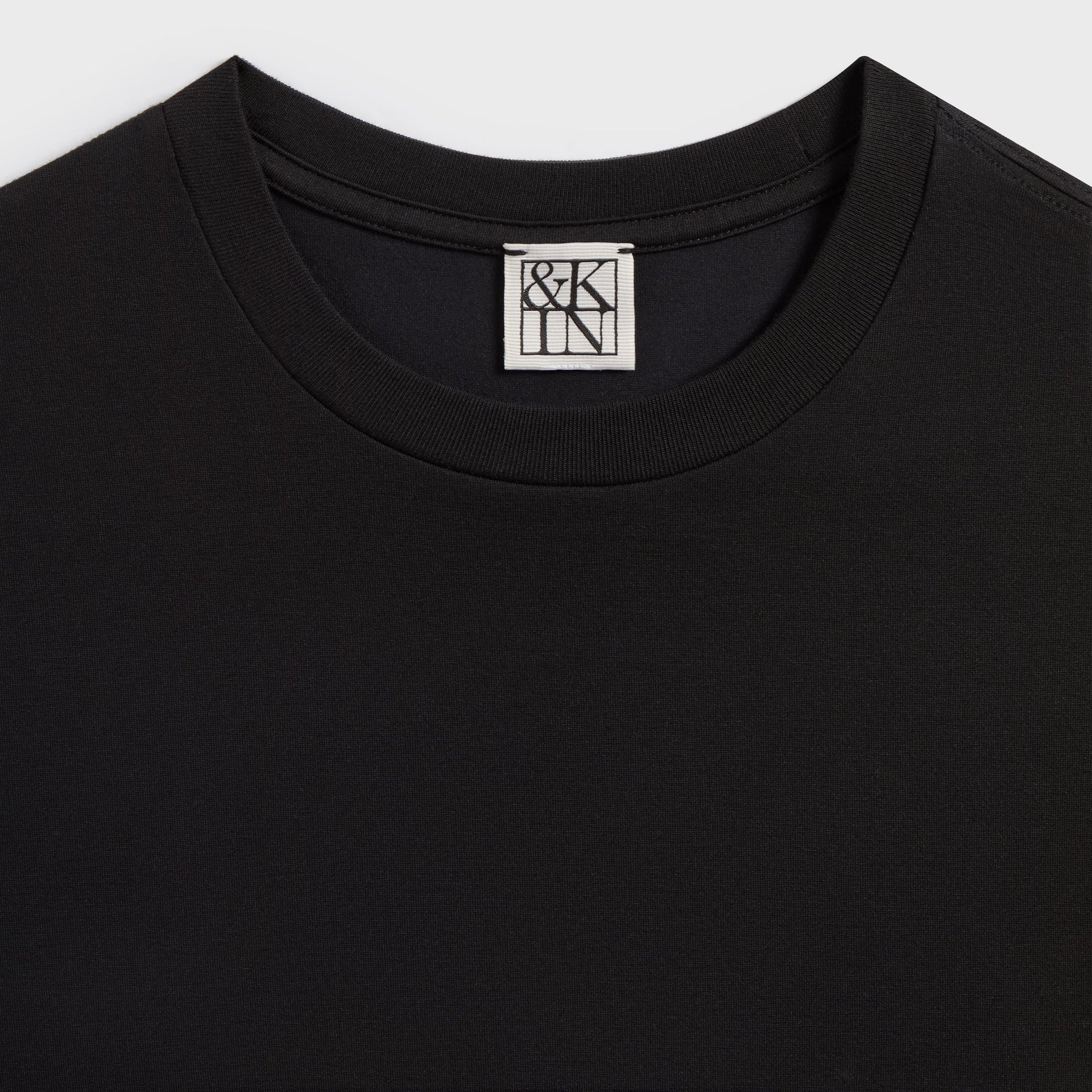 &Kin Halston black tee collar detail, ribbed crew neck with &Kin woven label