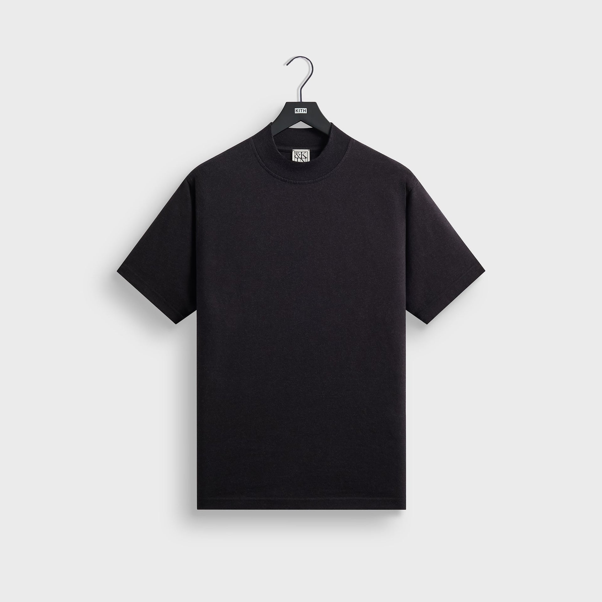&Kin James mock neck tee in black, front view, short sleeves and ribbed mock neck