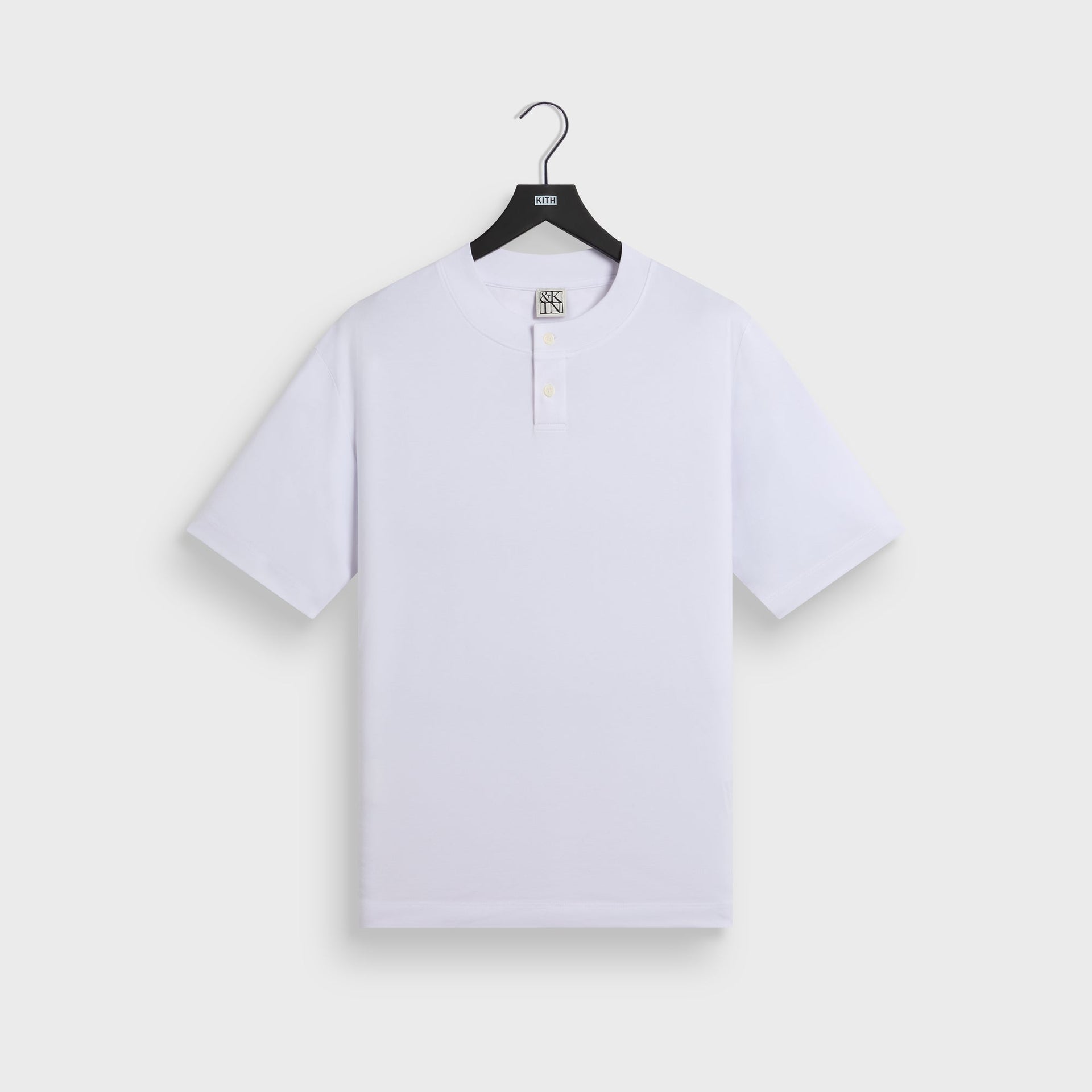 &Kin Albie henley tee in white, front view with two-button placket and ribbed band neck