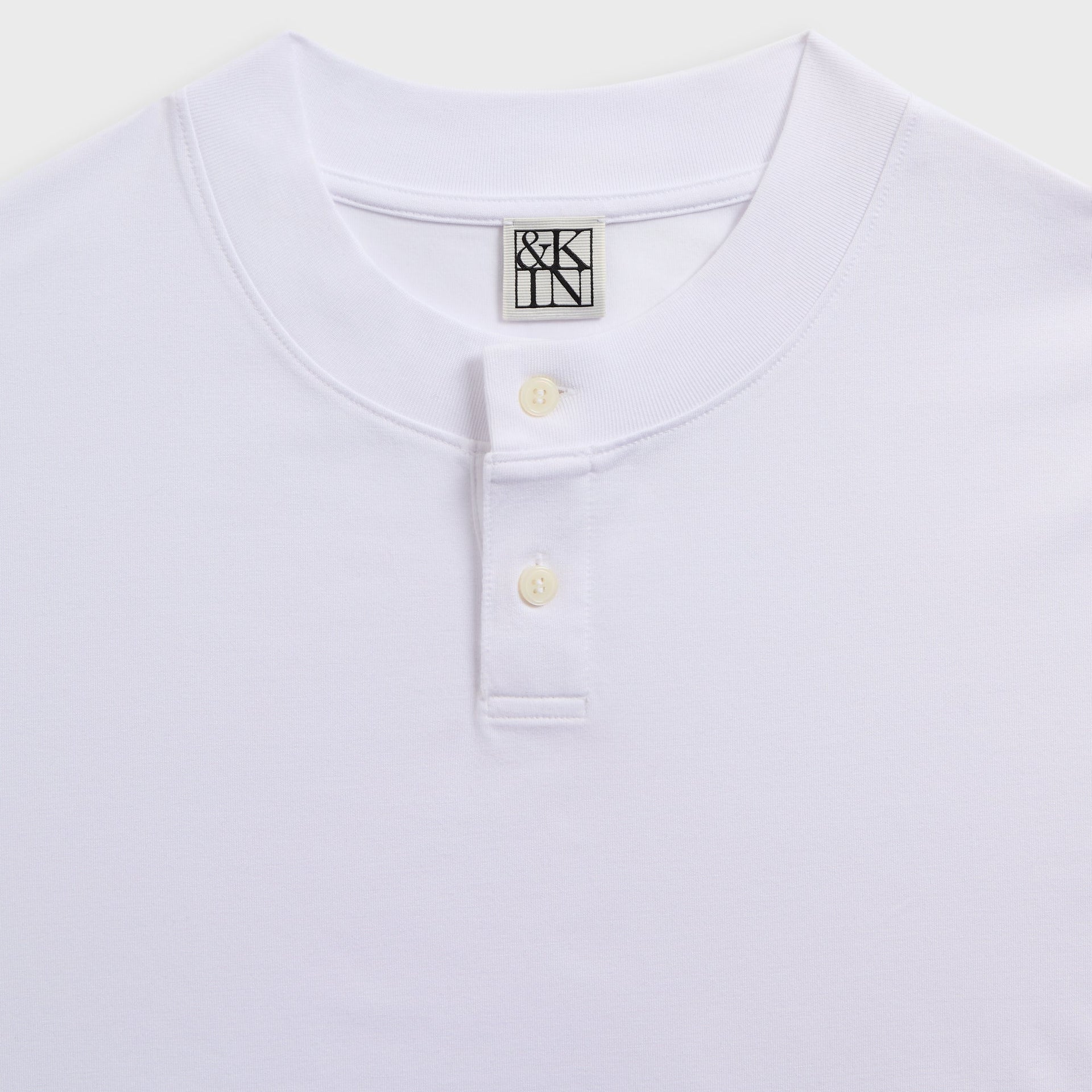 &Kin Albie white henley collar detail, ribbed neck, two cream buttons and &Kin woven label