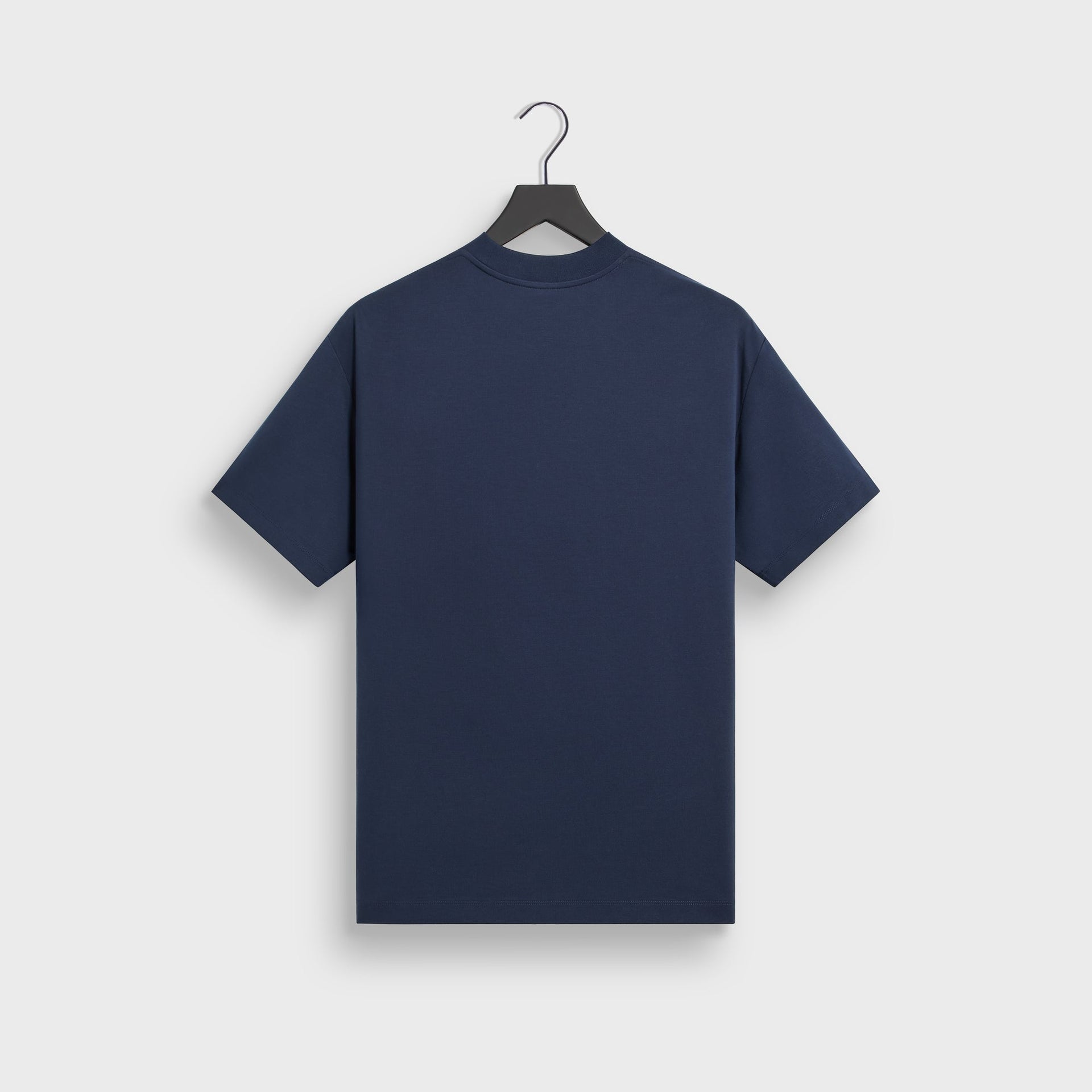 &Kin Mock Neck Albie Tee in Nocturnal navy, back view on hanger with plain cotton back