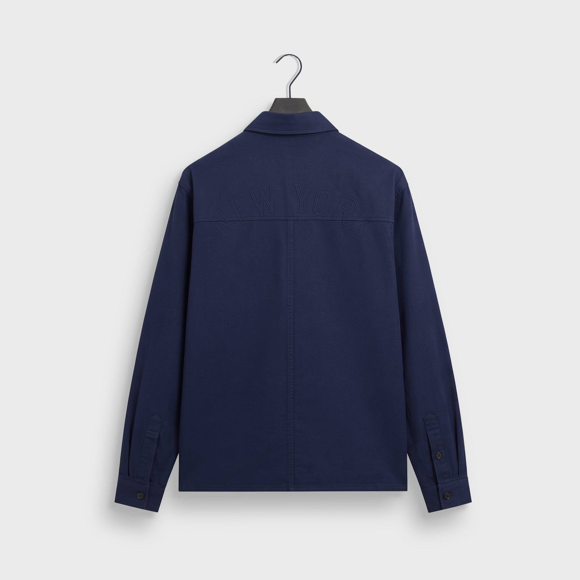 Back flat lay of navy Flannel Deon overshirt with tonal New York embroidery