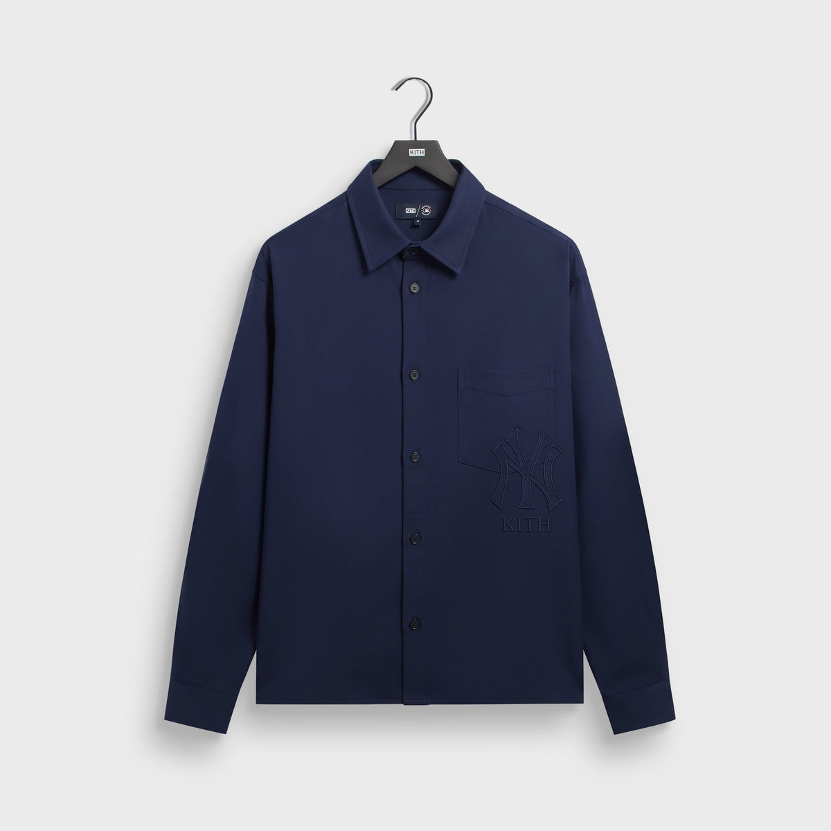 Navy Kith for New York Yankees Flannel Deon overshirt with tonal embroidered NY Kith logo on chest pocket, front flat lay