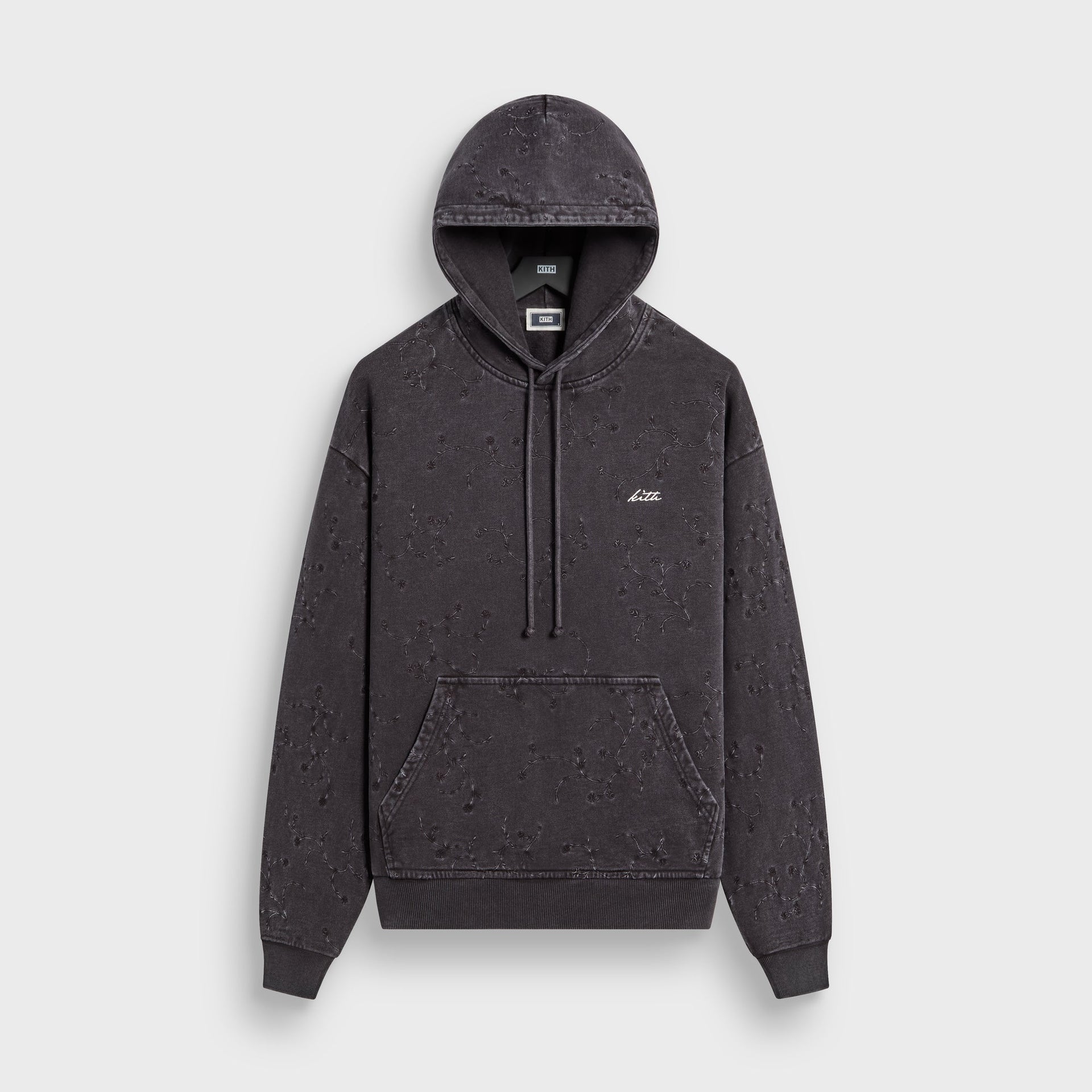 Kith Rose Ivy Nelson hoodie in faded black with tonal rose vine jacquard, front flat lay