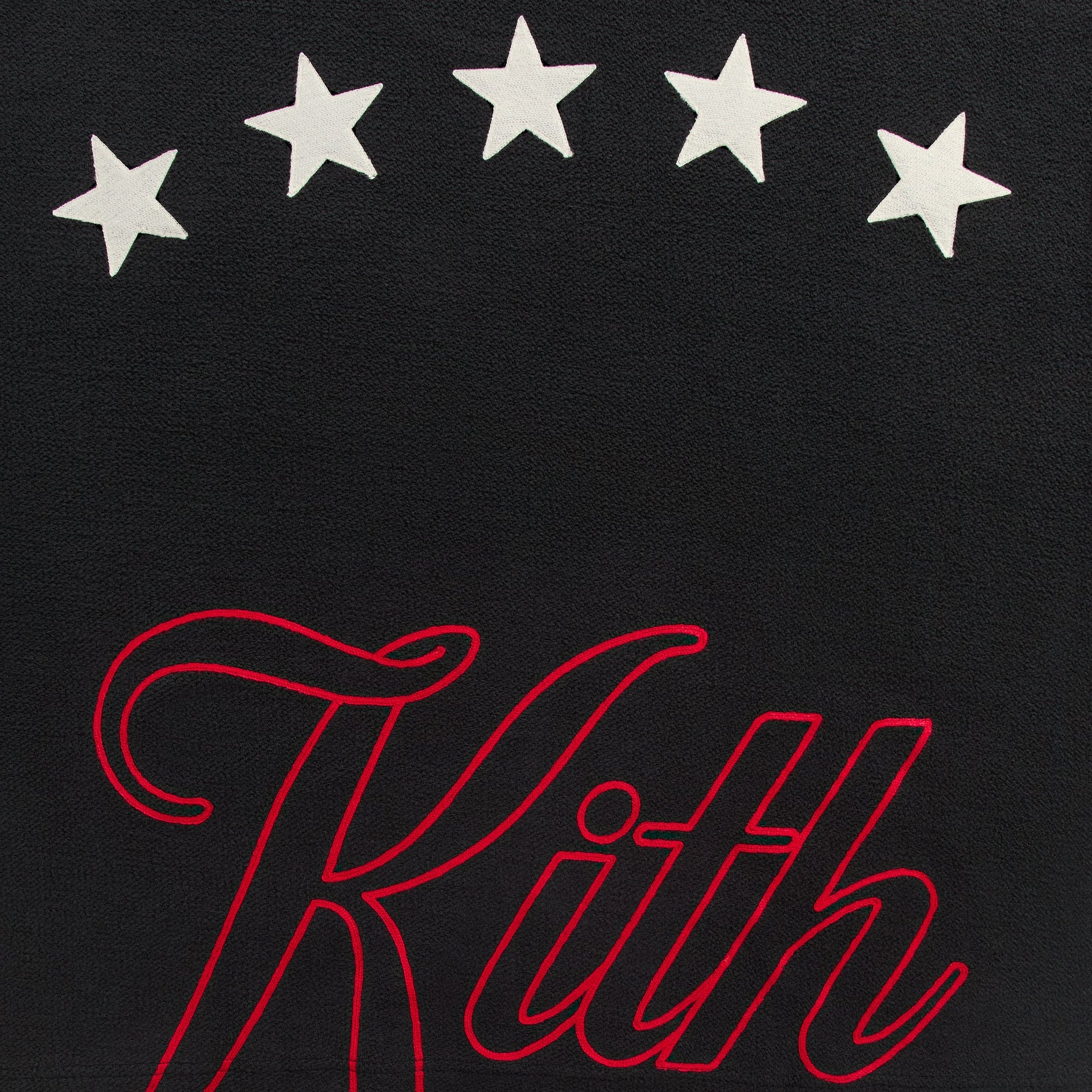 Close-up of the cream star graphics and red Kith script on the back of the Varsity Lawson crewneck