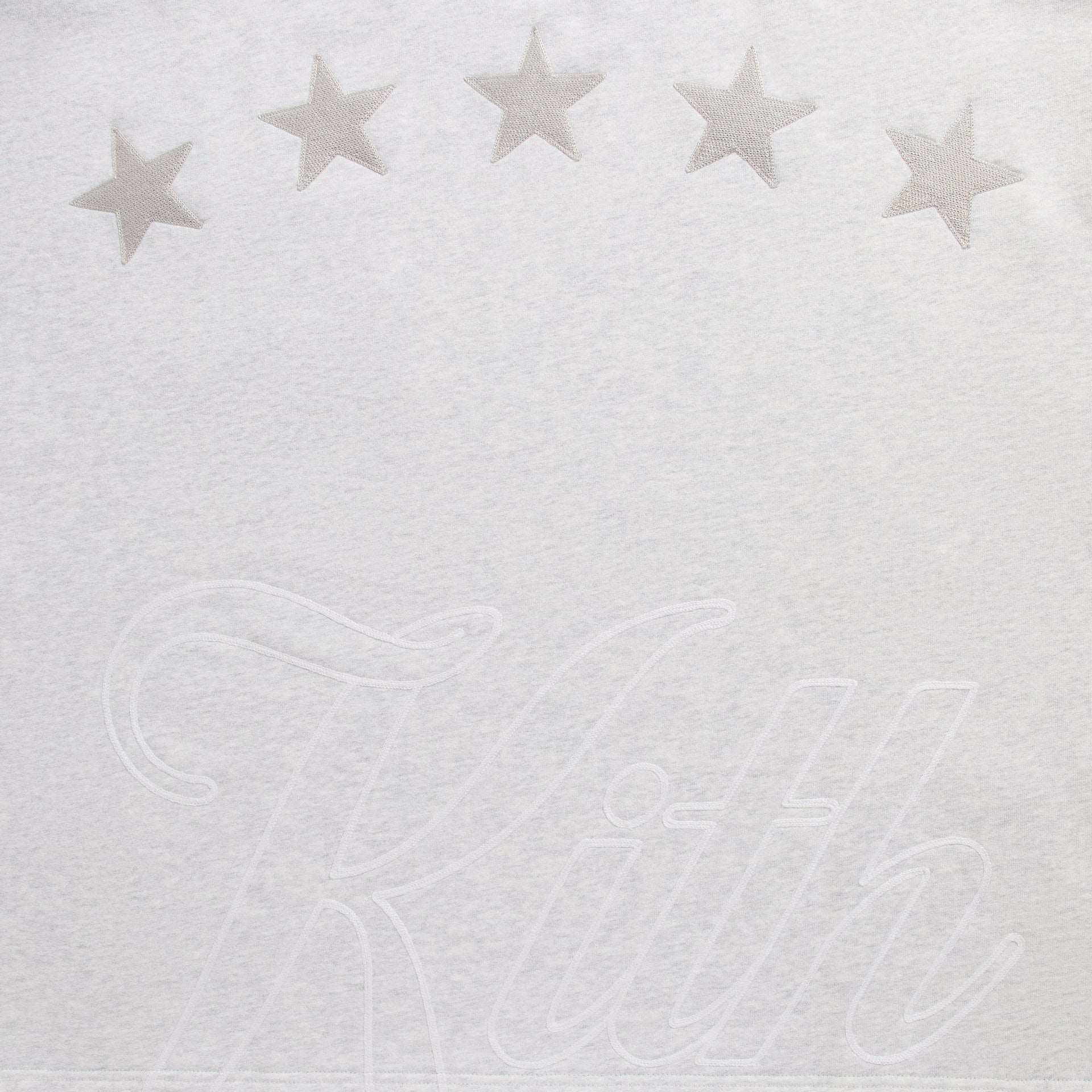 Close-up of the tonal star graphics and Kith script on the back of the light heather grey Lawson crewneck