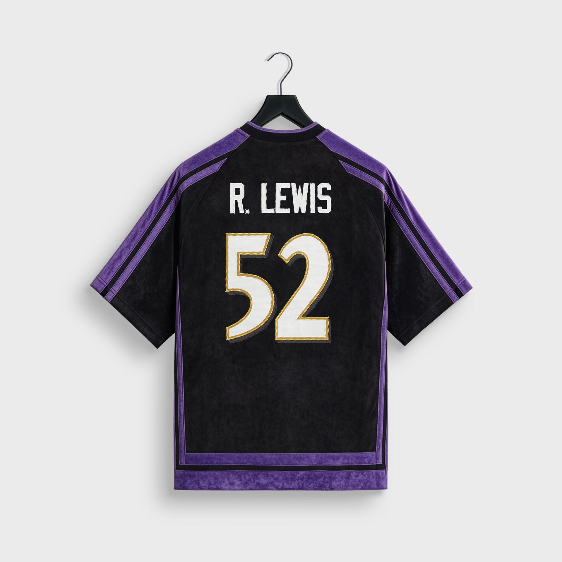 Kith and the NFL for the Baltimore Ravens Leon shirt, back flat lay showing R. Lewis 52 nameplate