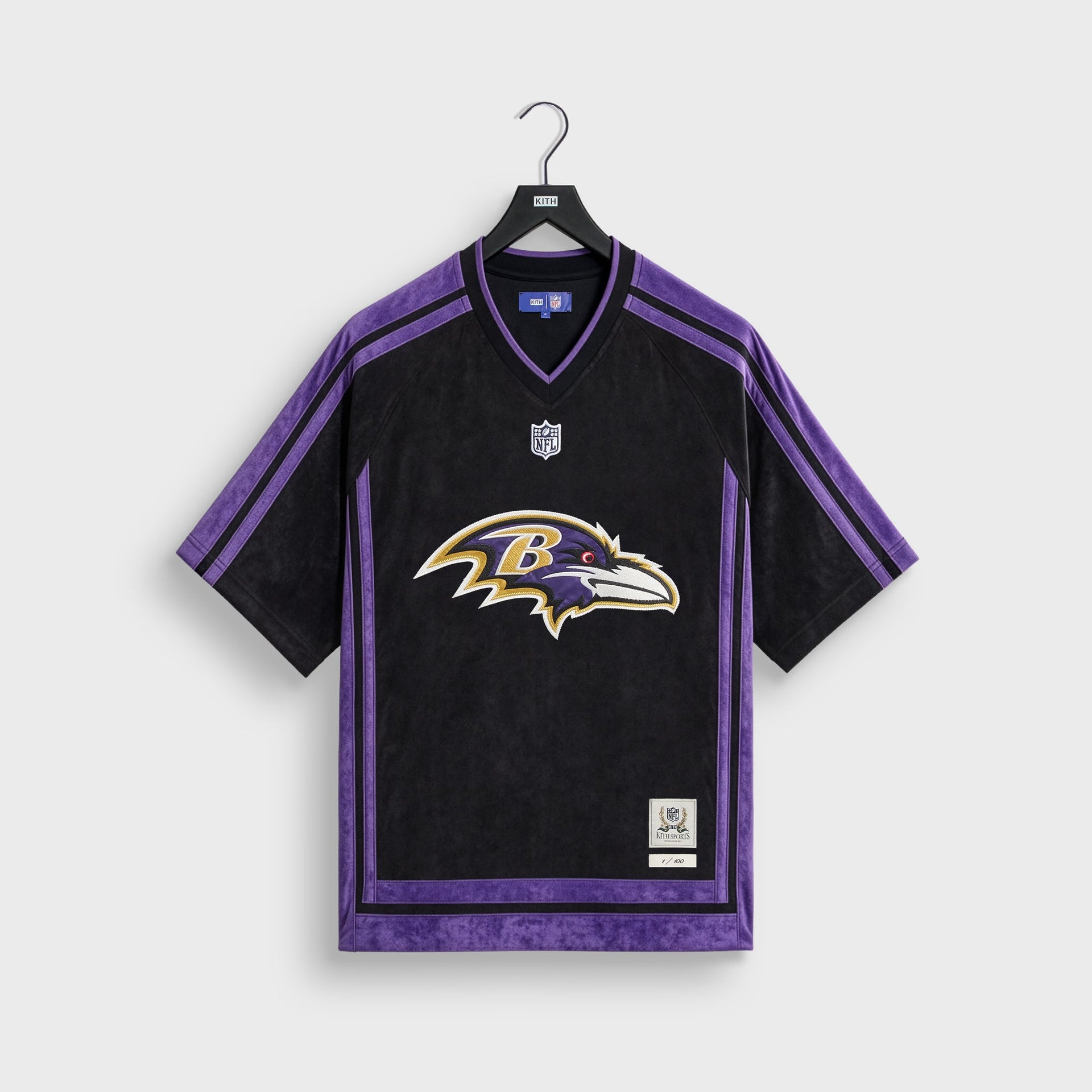 Kith and the NFL for the Baltimore Ravens Leon shirt in black with purple trim, front flat lay