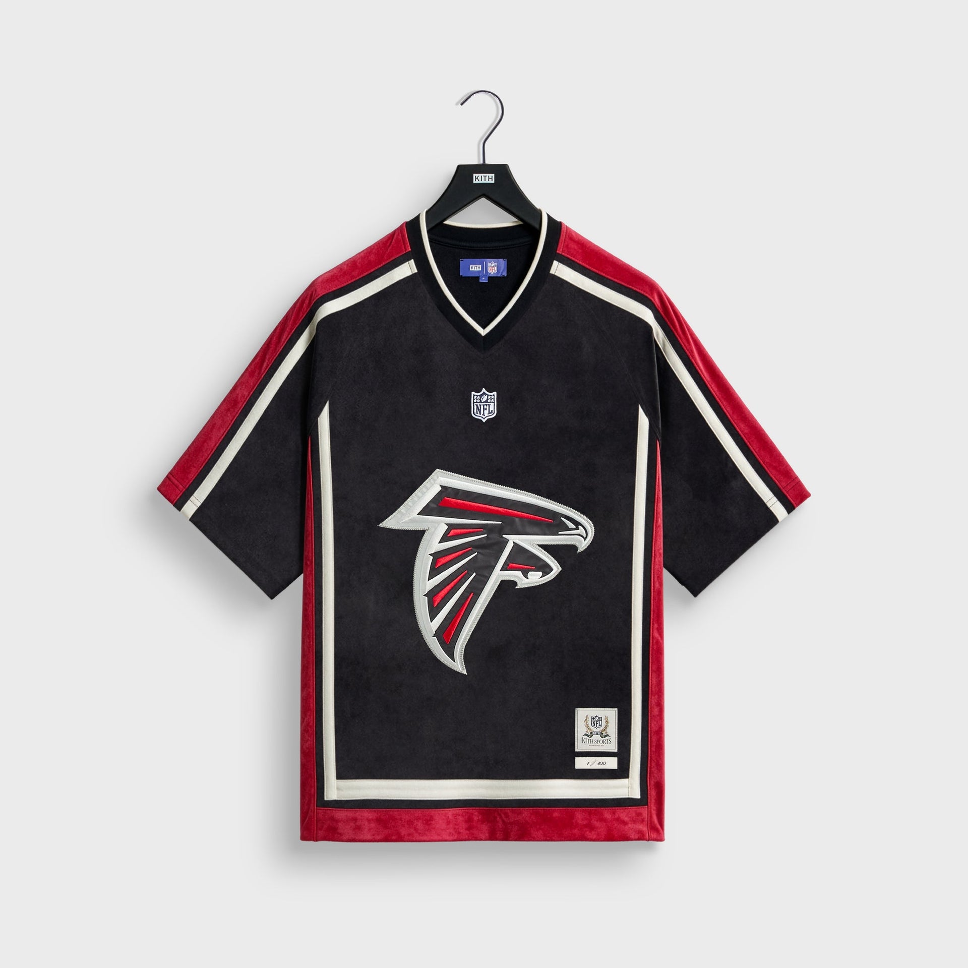 Kith and the NFL for the Atlanta Falcons Leon shirt in black with red trim, front flat lay