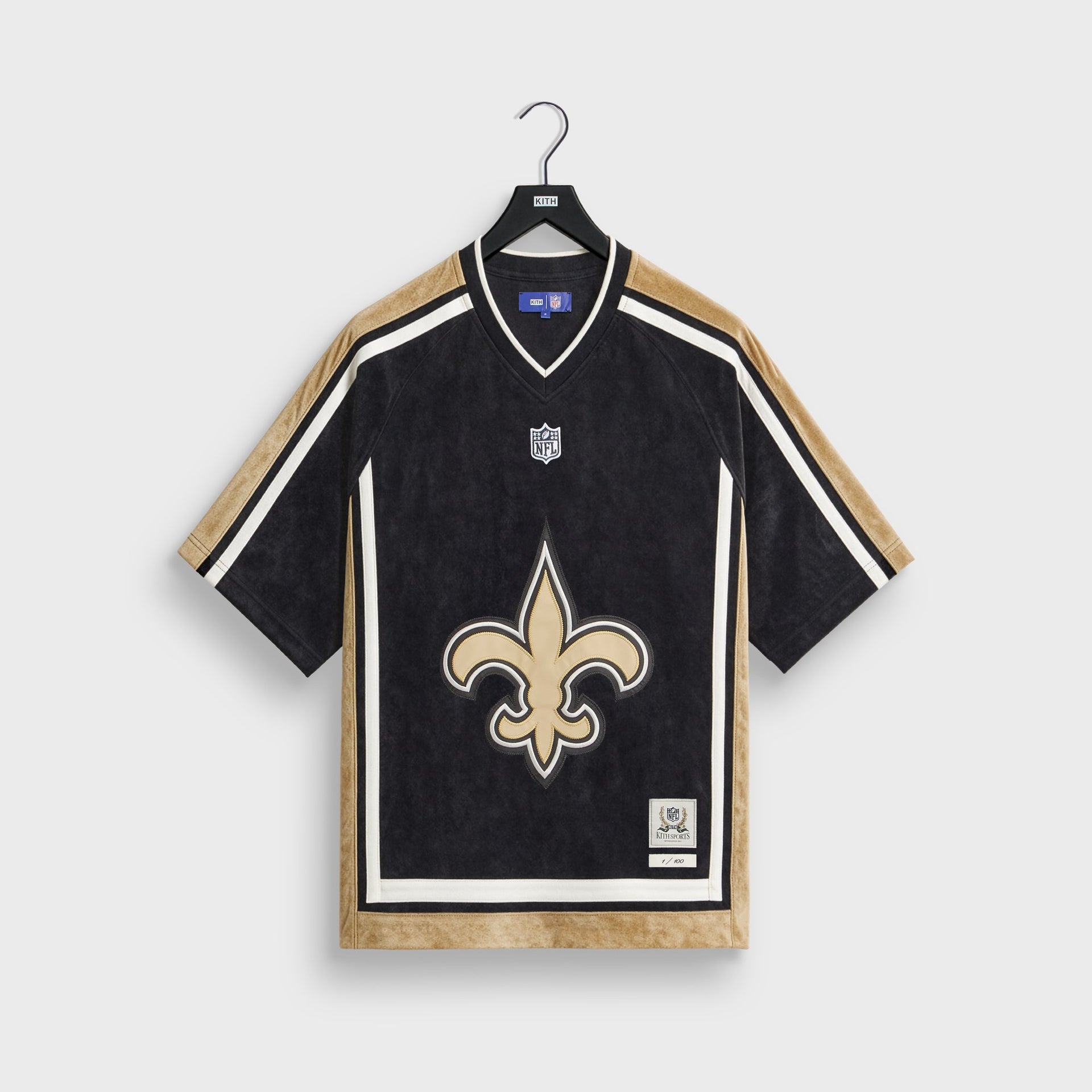 Kith and the NFL for the New Orleans Saints Leon shirt in black with gold trim, front flat lay