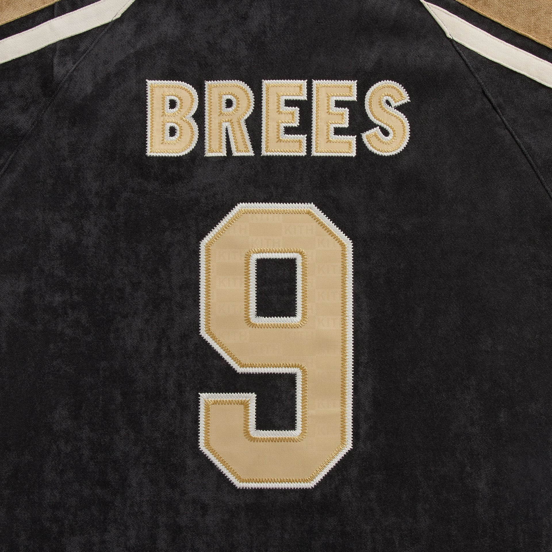 Close-up of the Brees 9 name and number on the back of the Kith NFL Saints Leon shirt