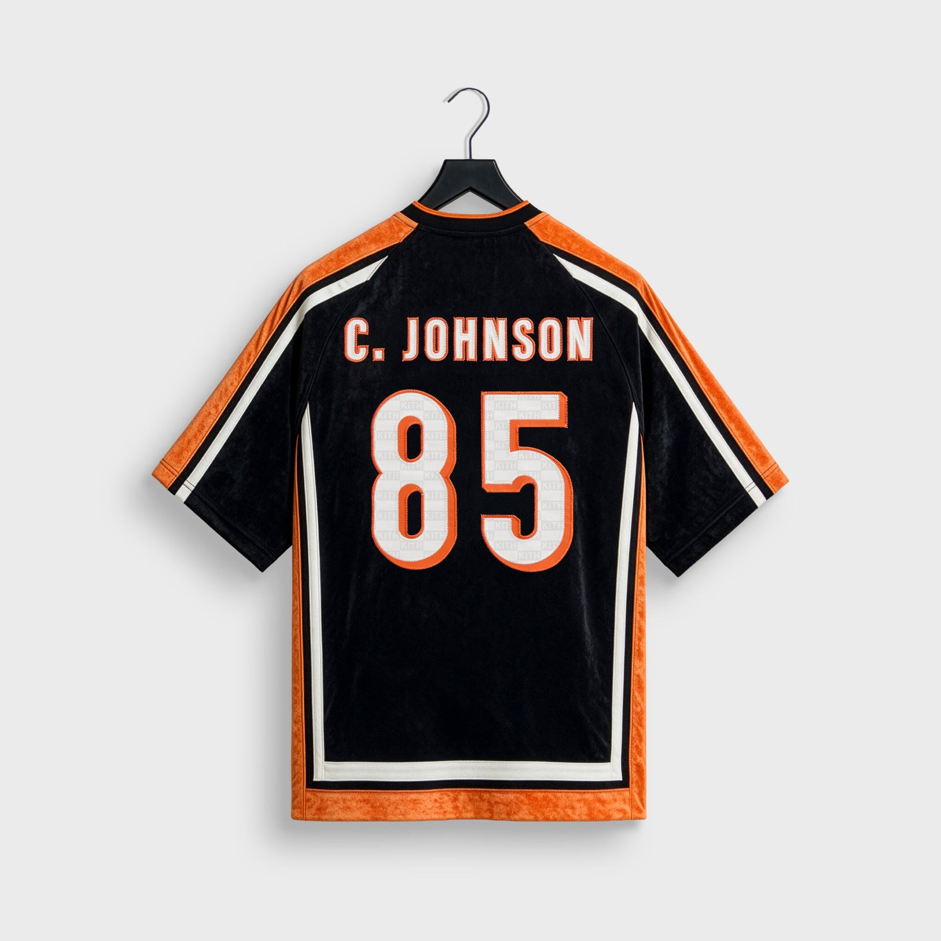 Kith and the NFL for the Cincinnati Bengals Leon shirt, back flat lay showing C. Johnson 85 nameplate