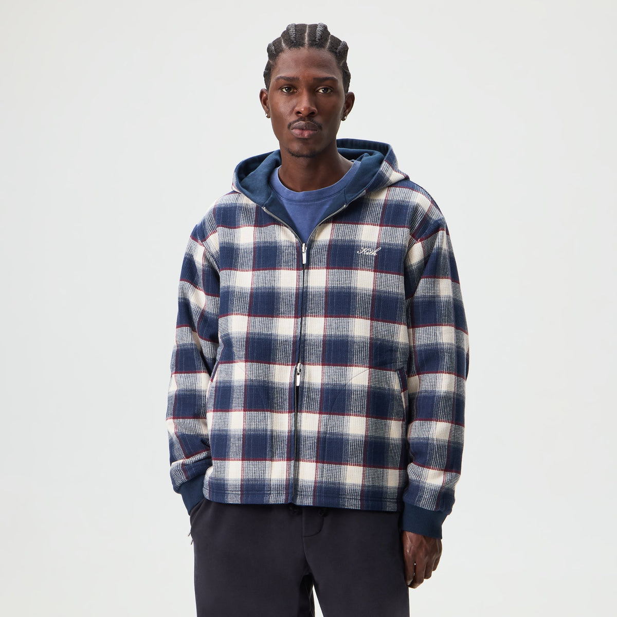 Kith Reversible Waffle Plaid Khenny Zip-up Hoodie - Nocturnal