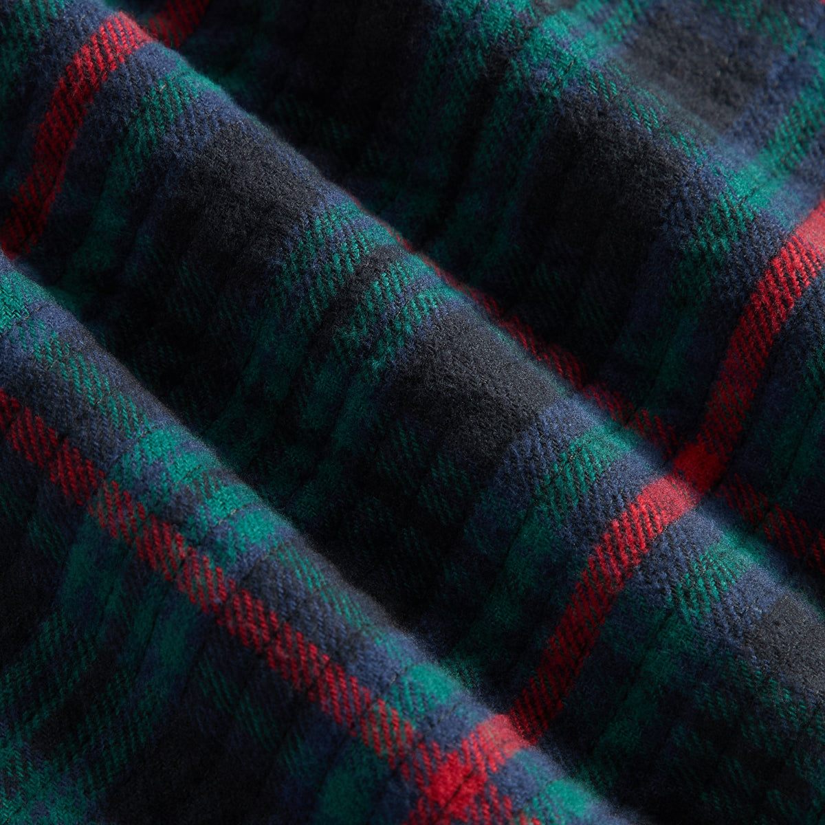 Close-up of the green, navy and red plaid flannel fabric of the Kith overshirt
