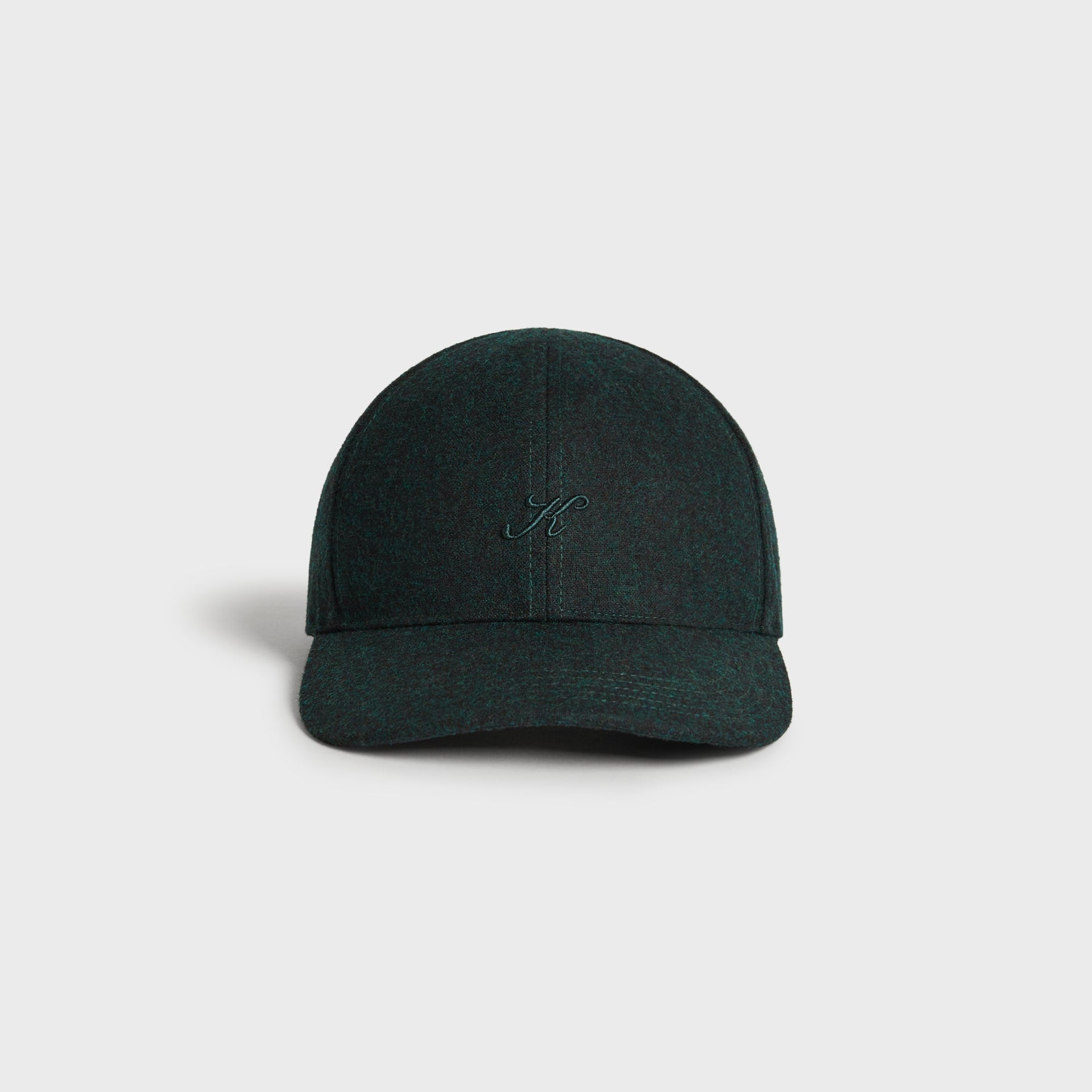 Kith Low Profile Fine Wool Classic Cap in Stadium, front view of the heathered green wool crown with teal K logo