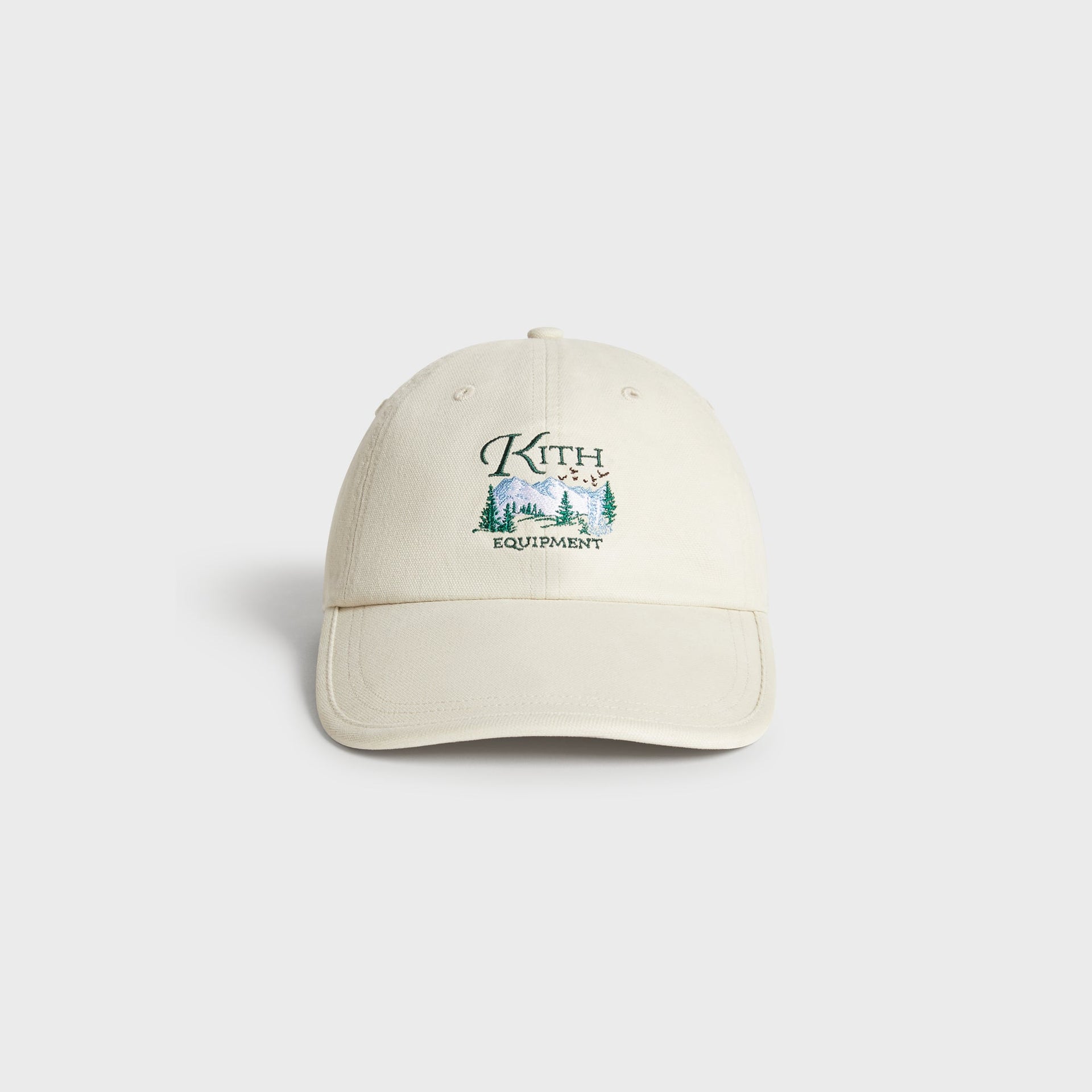 Kith & '47 Canvas Long Visor Clean Up Cap in Sandrift, front view with Kith Equipment mountain logo