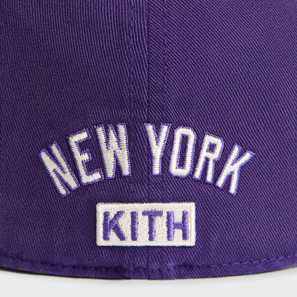 Kith & '47 Yankees cap in Solitaire purple - close-up detail of New York KITH text on back