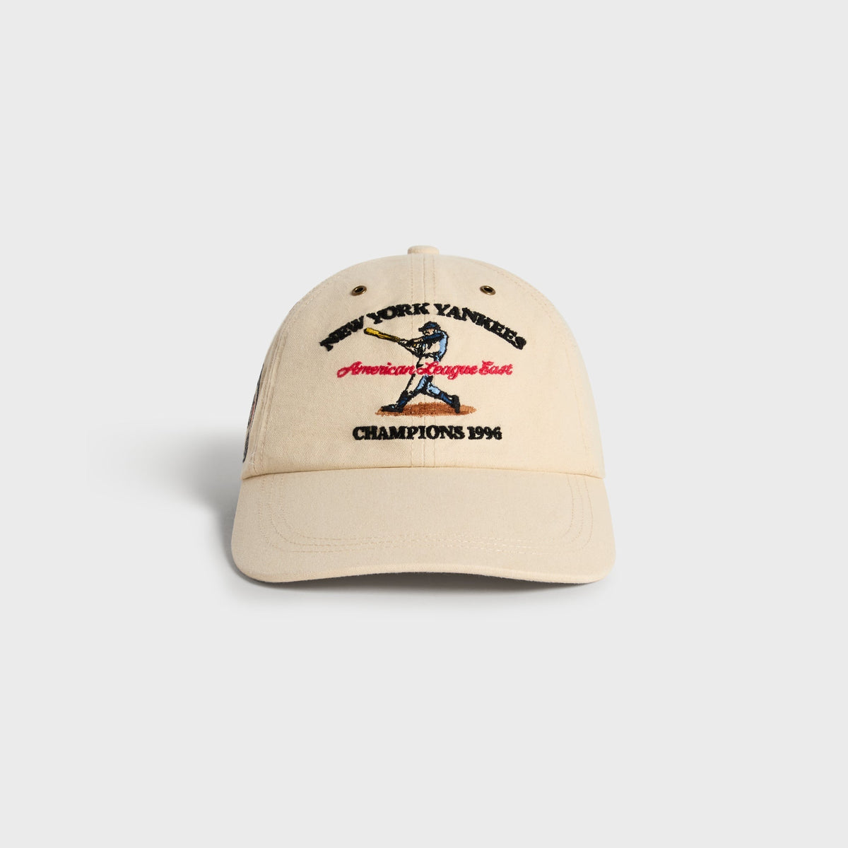 Kith & '47 Clean Up Duck Canvas Long Visor Cap in Sandrift, front view with vintage Yankees batter graphic