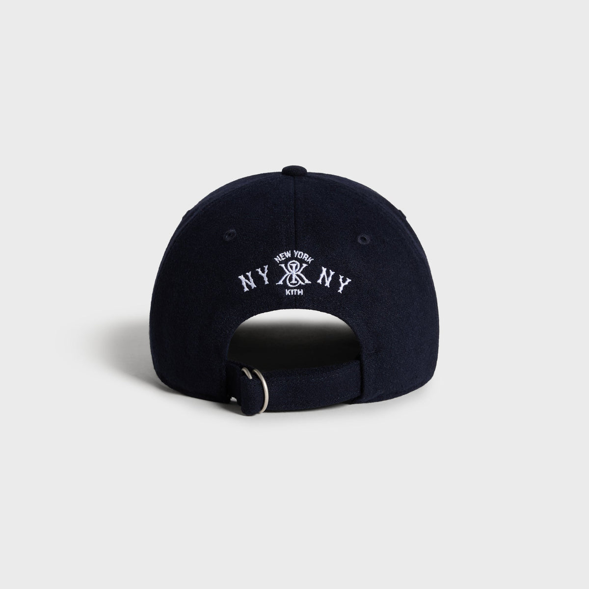 Kith & '47 Wool Clean Up Cap in Nocturnal - back view showing adjustable leather strap with NY x Kith logo