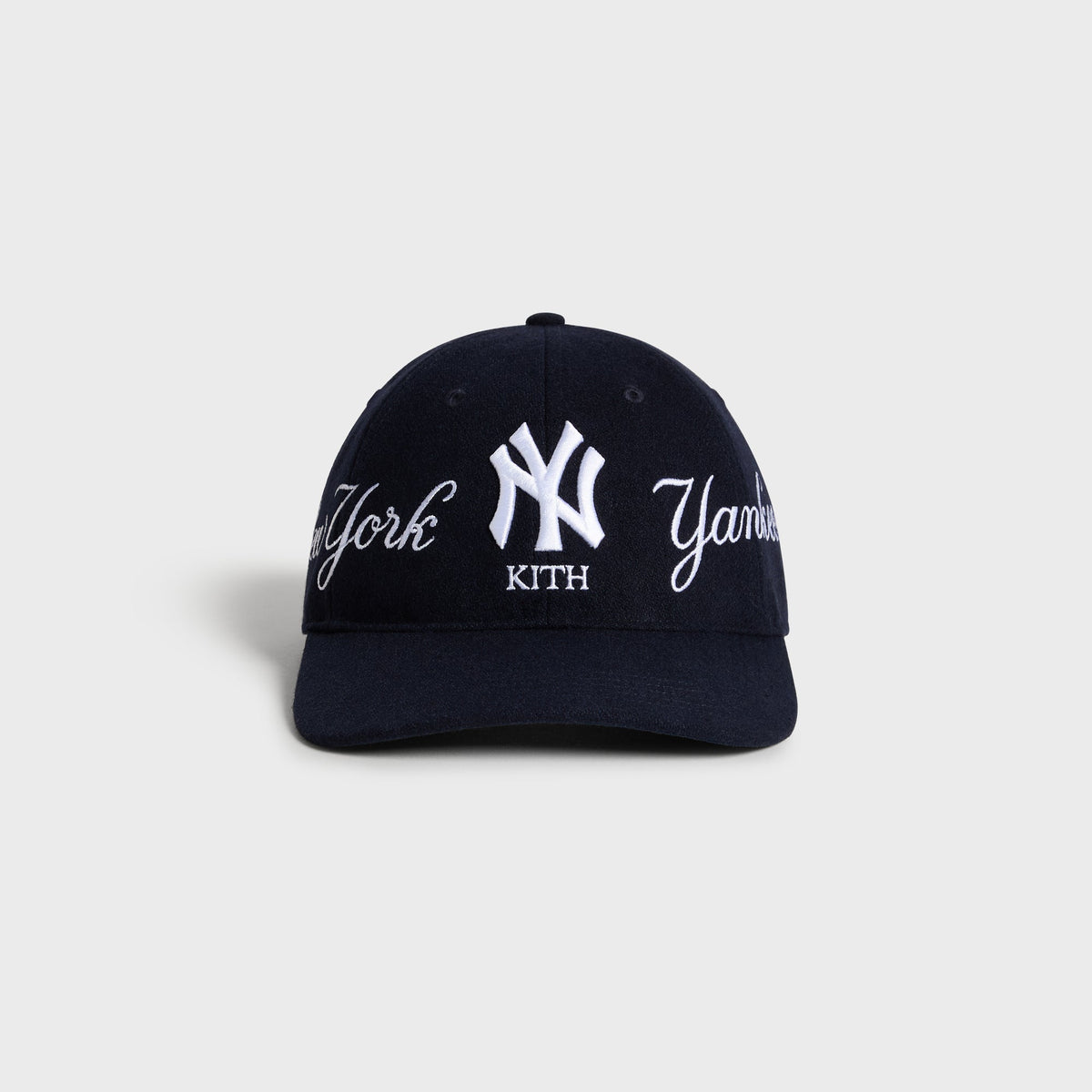 Kith & '47 Wool K Clean Up Cap, Yankees, Nocturnal navy - front view with New York Yankees script and NY logo