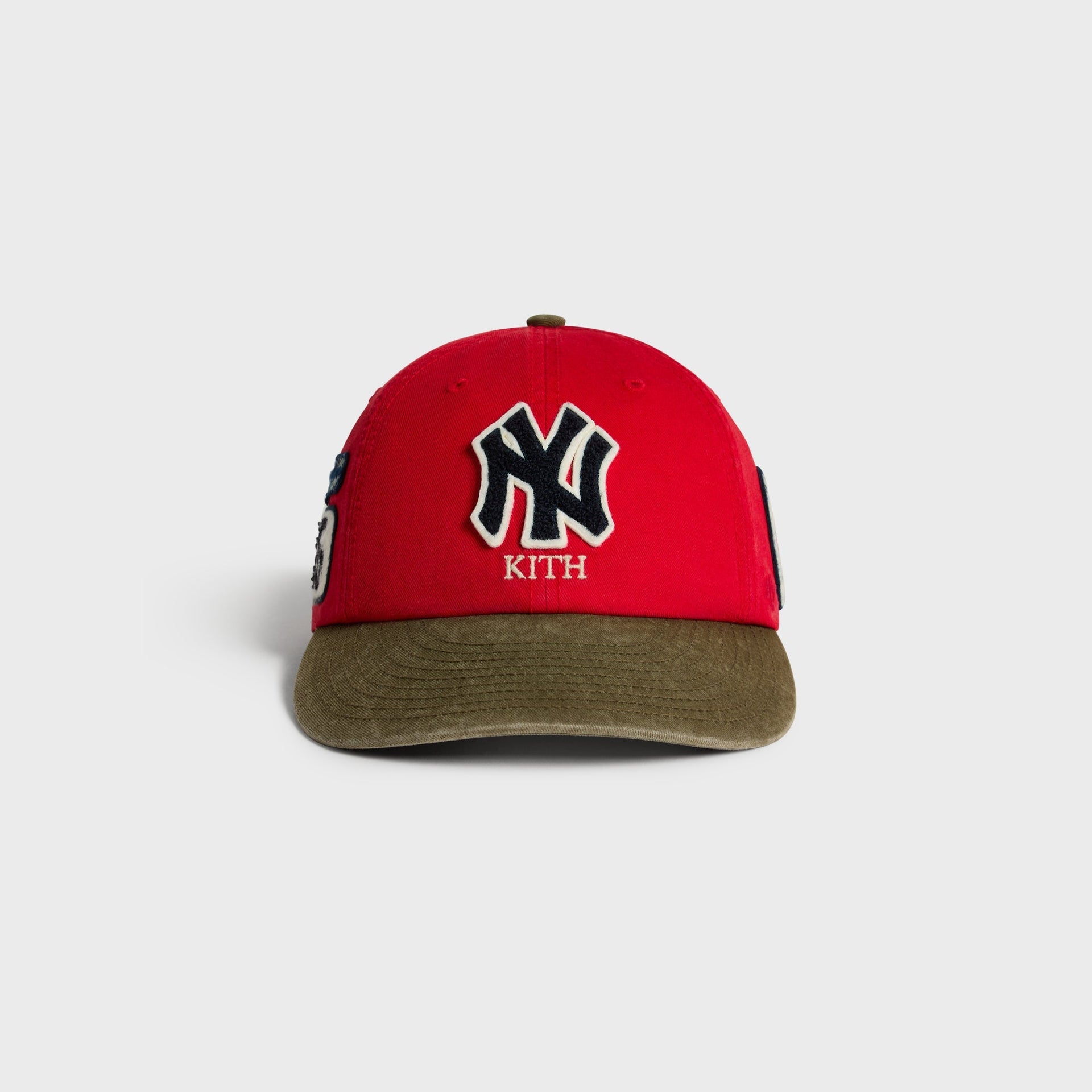Kith & '47 Clean Up Round Visor Cap in Retro red with olive visor, front view with NY chenille patch
