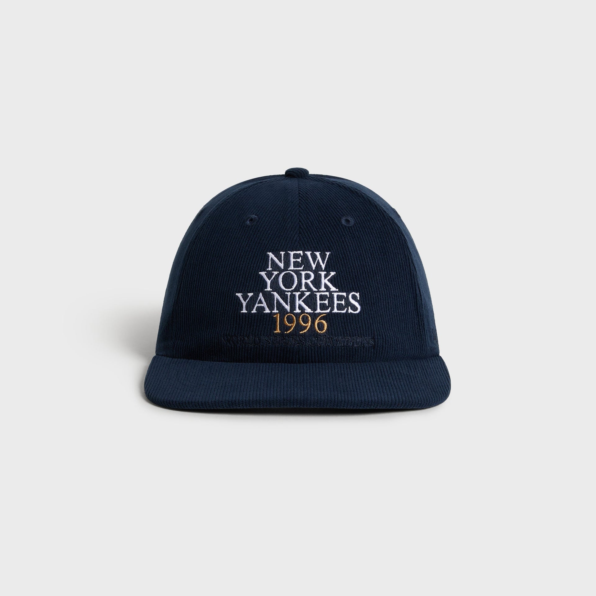 Kith & '47 Corduroy Curve Clean Up Cap in Nocturnal navy, front view with New York Yankees 1996 Champions text