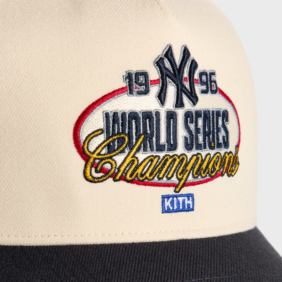 Close-up of 1996 World Series Champions patch and NY logo on Sandrift Ballpark Offside DT Cap