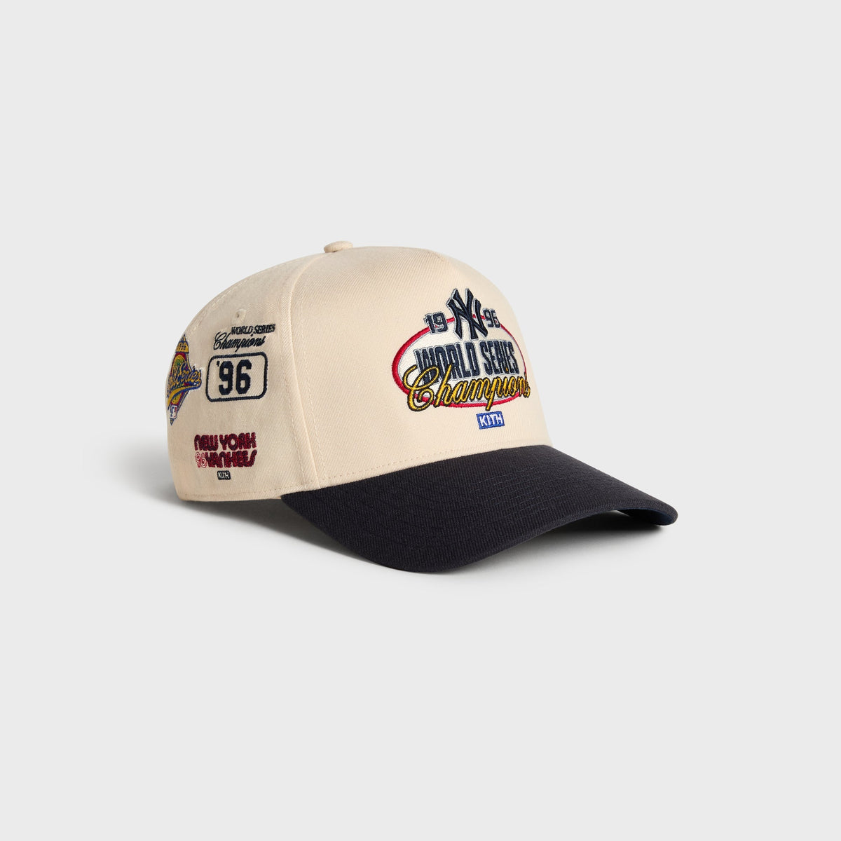 Kith & '47 Ballpark Offside DT Cap in Sandrift, angled view showing front patch and side Yankees patches