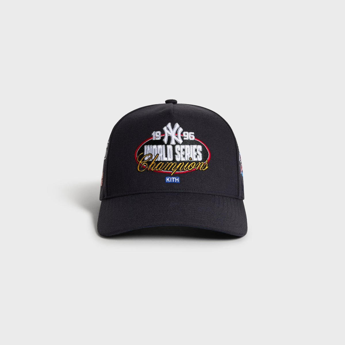 Kith & '47 Ballpark Offside DT Cap in Nocturnal black, front view with 1996 World Series Champions patch