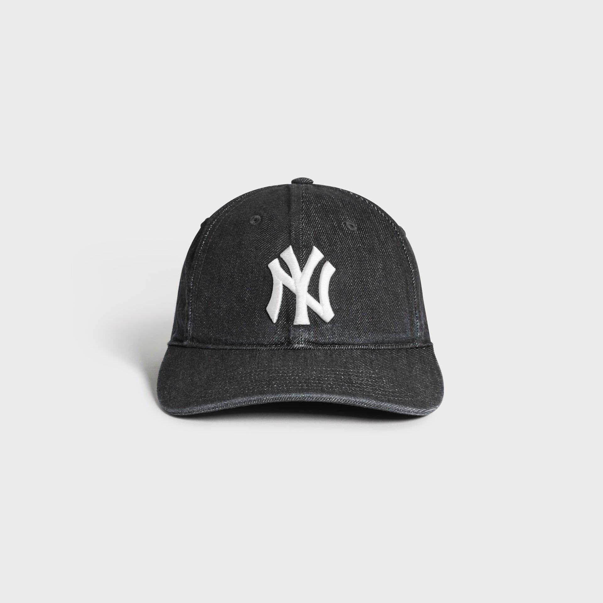 Kith & '47 Yankees Denim Franchise cap in Black denim, front view with white NY logo